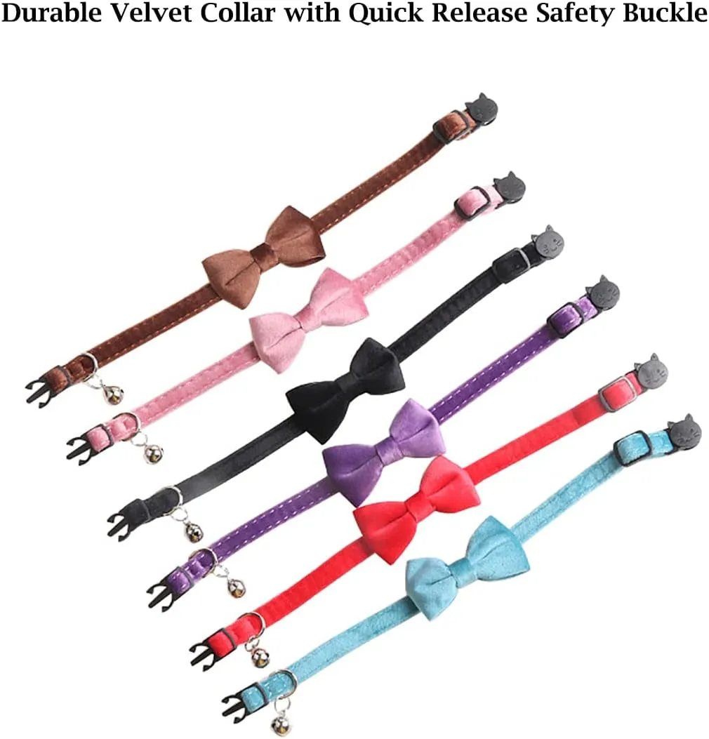 2 Pack Breakaway Cat Collars with Bell and Bowtie Comfortable Velvet Cat Collar with Cute Safety Buckle Adjustable Pet Collar for Kitty Kitten Puppy Neck Accessories for Daily Wearing Kitten