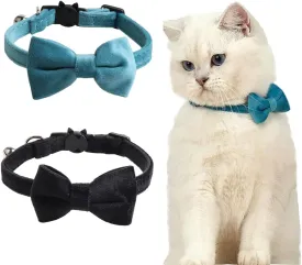 2 Pack Breakaway Cat Collars with Bell and Bowtie Comfortable Velvet Cat Collar with Cute Safety Buckle Adjustable Pet Collar for Kitty Kitten Puppy Neck Accessories for Daily Wearing Kitten