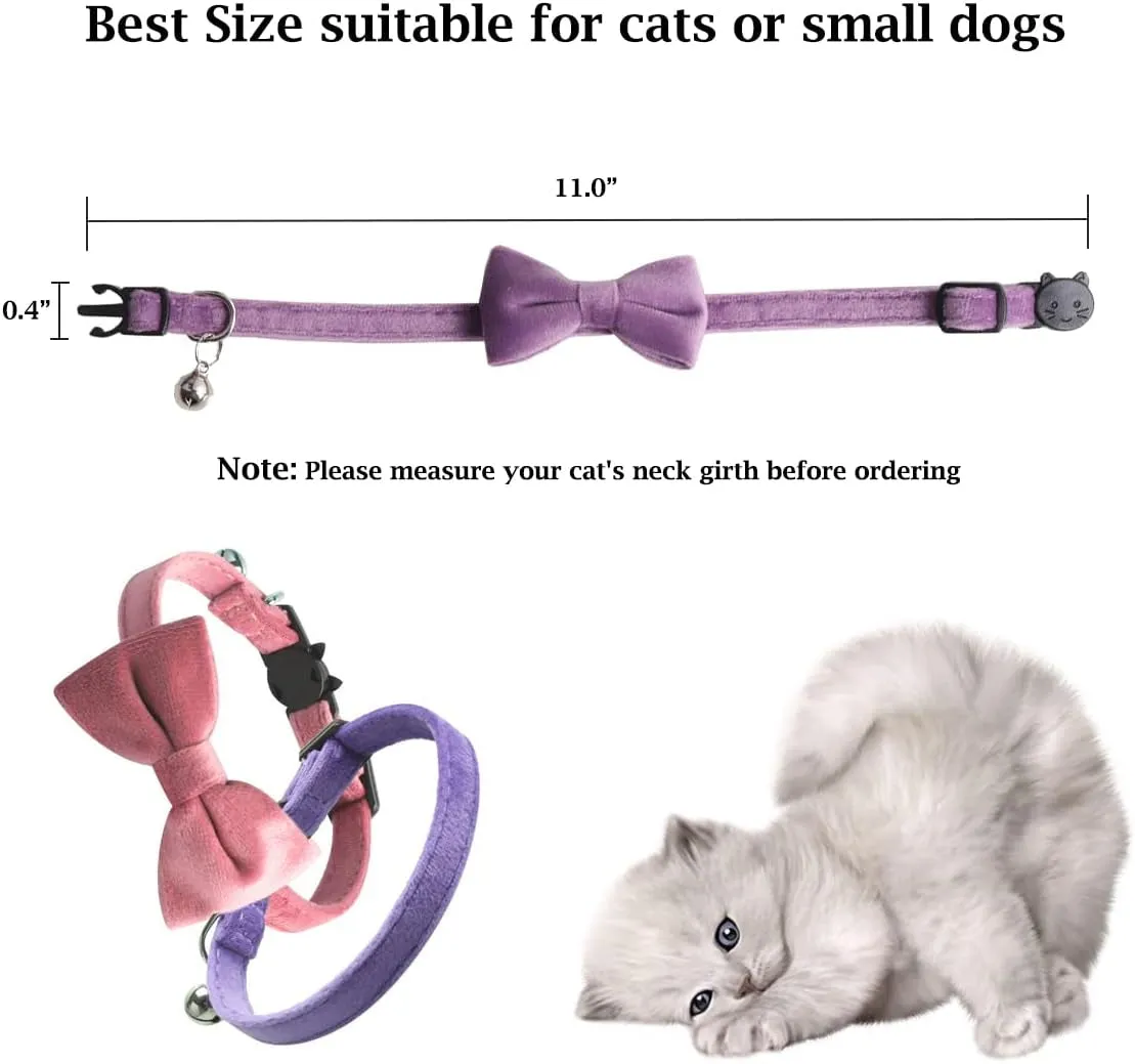2 Pack Breakaway Cat Collars with Bell and Bowtie Comfortable Velvet Cat Collar with Cute Safety Buckle Adjustable Pet Collar for Kitty Kitten Puppy Neck Accessories for Daily Wearing Kitten