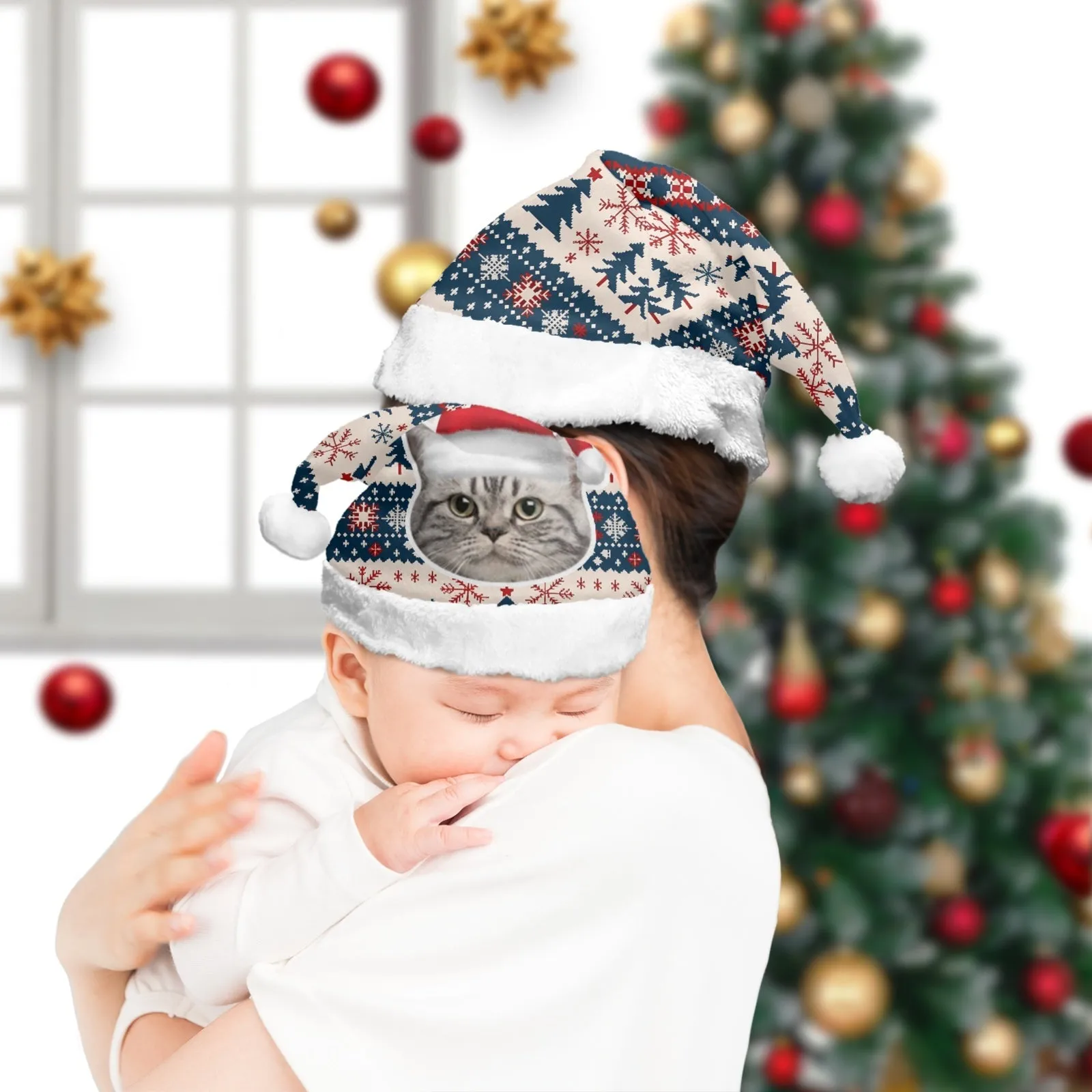 2 Piece Warm Gift Custom Pet Face Christmas Fluffy Scarf and Santa Hat Soft&High Elasticity Winter Gift