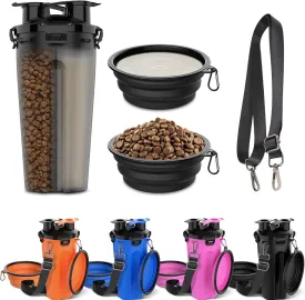 20oz Travel Dog Water Bottle & 2X 12oz Collapsible Bowls [with Crossbody STRP], 2 in 1 Dog Portable Water Food Container, Pet Water Bowl Dispenser for Walking, Traveling, Camping and Hiking [Black]