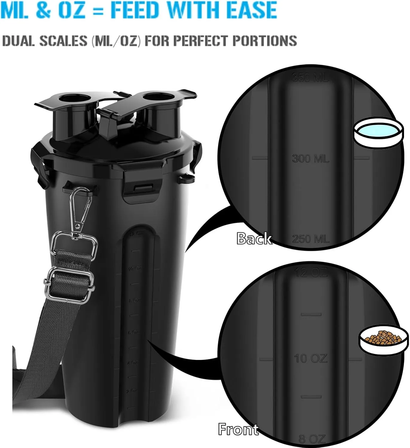 20oz Travel Dog Water Bottle & 2X 12oz Collapsible Bowls [with Crossbody STRP], 2 in 1 Dog Portable Water Food Container, Pet Water Bowl Dispenser for Walking, Traveling, Camping and Hiking [Black]