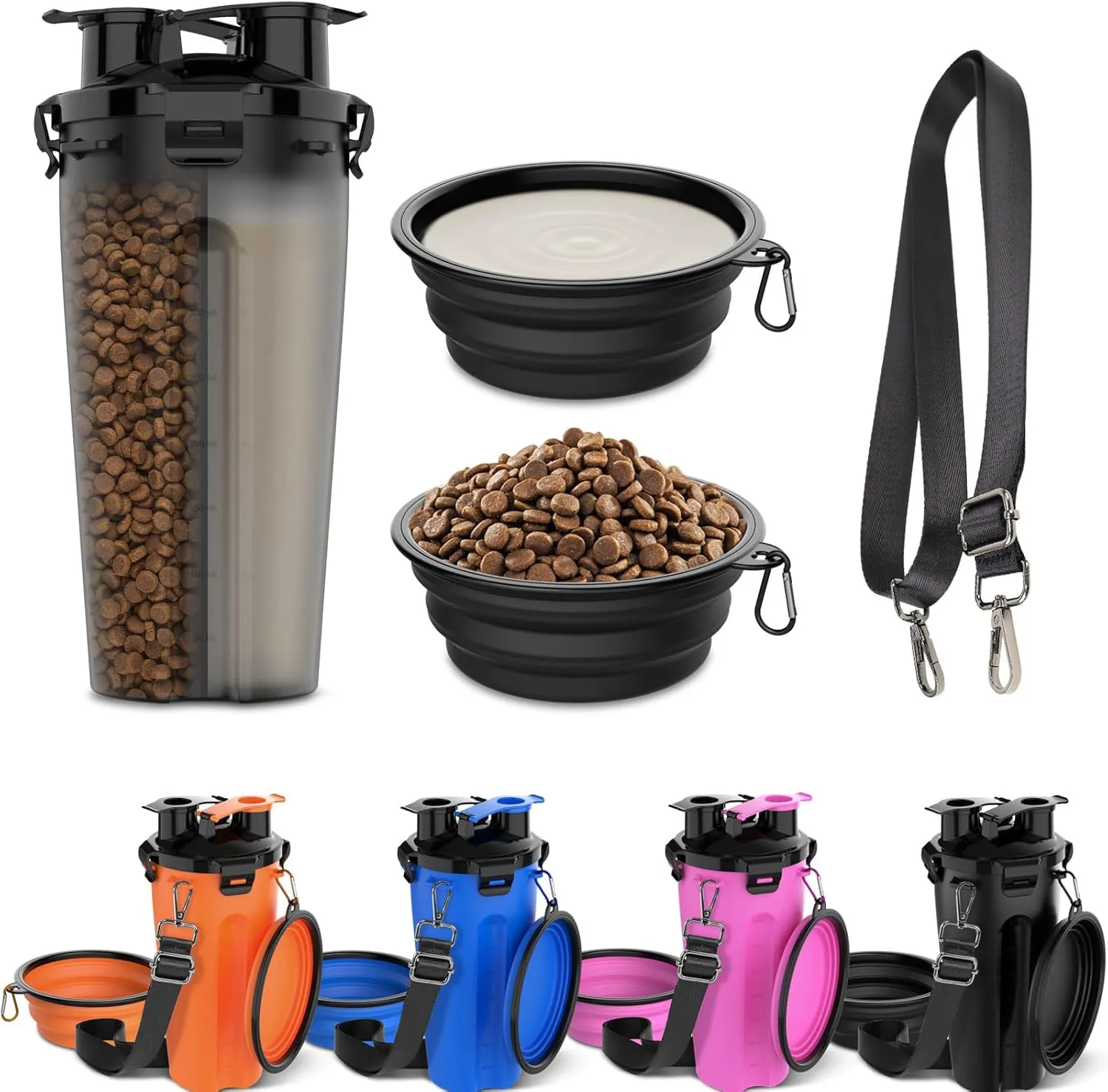 20oz Travel Dog Water Bottle & 2X 12oz Collapsible Bowls [with Crossbody STRP], 2 in 1 Dog Portable Water Food Container, Pet Water Bowl Dispenser for Walking, Traveling, Camping and Hiking [Black]