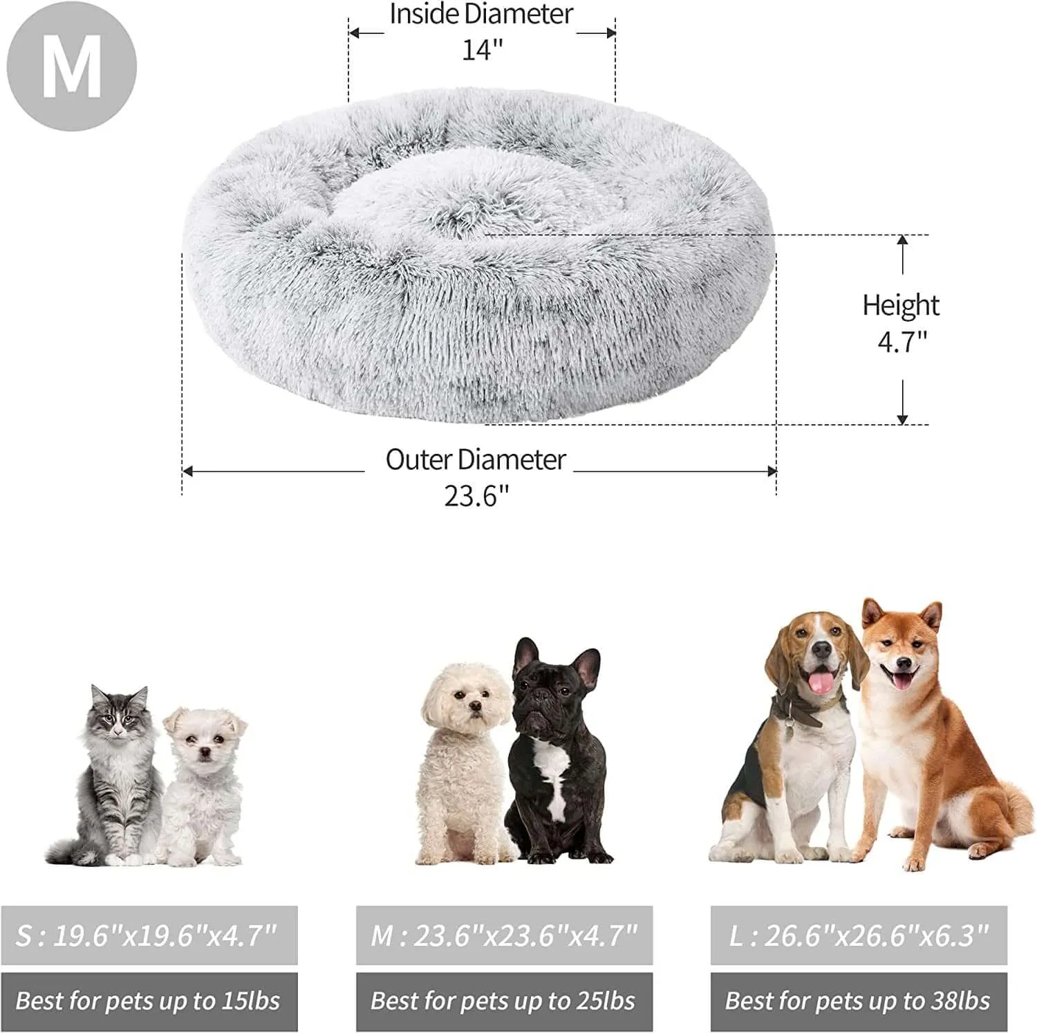 24In Cat Beds for Indoor Cats - Cat Bed with Machine Washable, Waterproof Bottom - Grey Fluffy Dog and Cat Calming Cushion Bed for Joint-Relief and Sleep Improvement