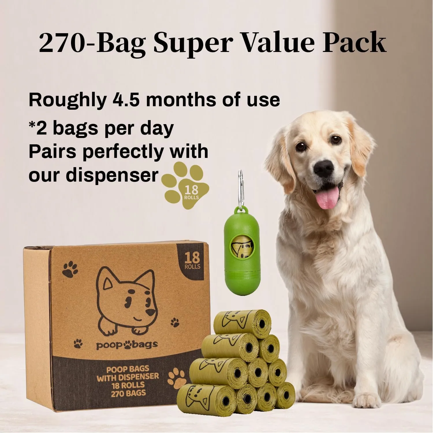 270 Counts Dog Poop Bags Rolls with Dispenser & Leash Clip, Scented Poop Bags for Dogs Waste, Extra Thick & Leak Proof for Poop Doggie Puppy Pet Waste, 9" x 13", Dark Khaki
