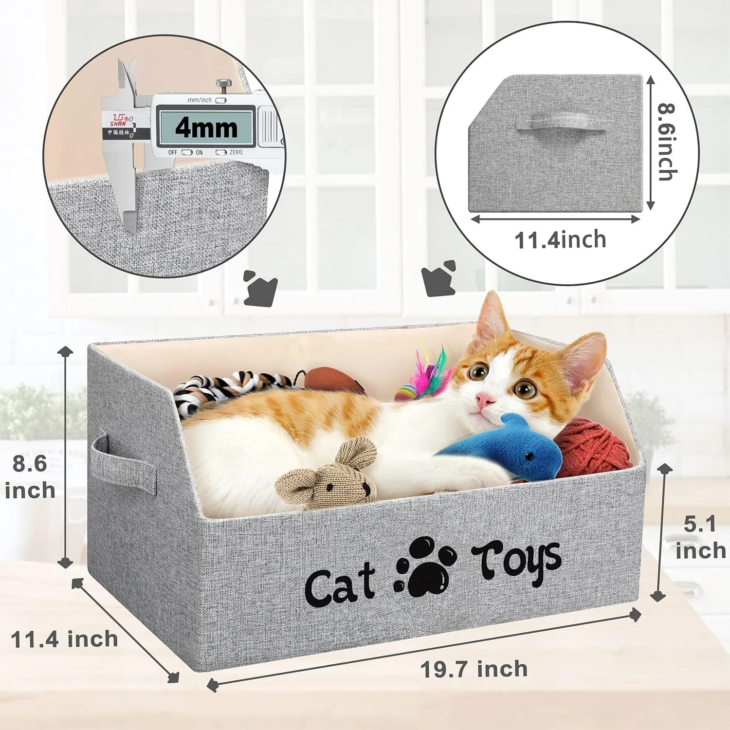 2X Thicker Large Cat Toy Bin Collapsible Cat Toy Box Sturdy Cat Toy Basket Kitten Toy Storage Bed for Organizing Cat Toys Treats Clothes and Accessories (Grey)