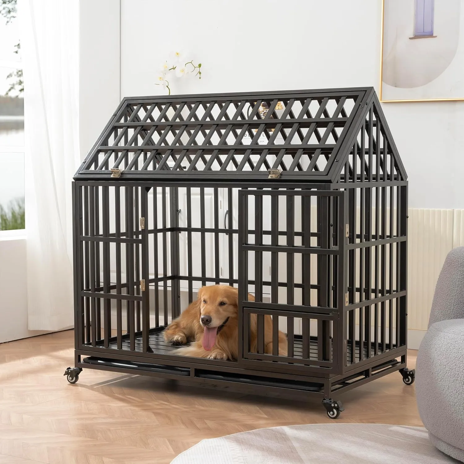47" Heavy Duty Dog Crate Indestructible Pet Dog Cage Crate Kennel with Roof Top 2 Doors Removable Trays, Lockable Wheels, Escape-Proof for High Anxiety Large/Extra Dogs