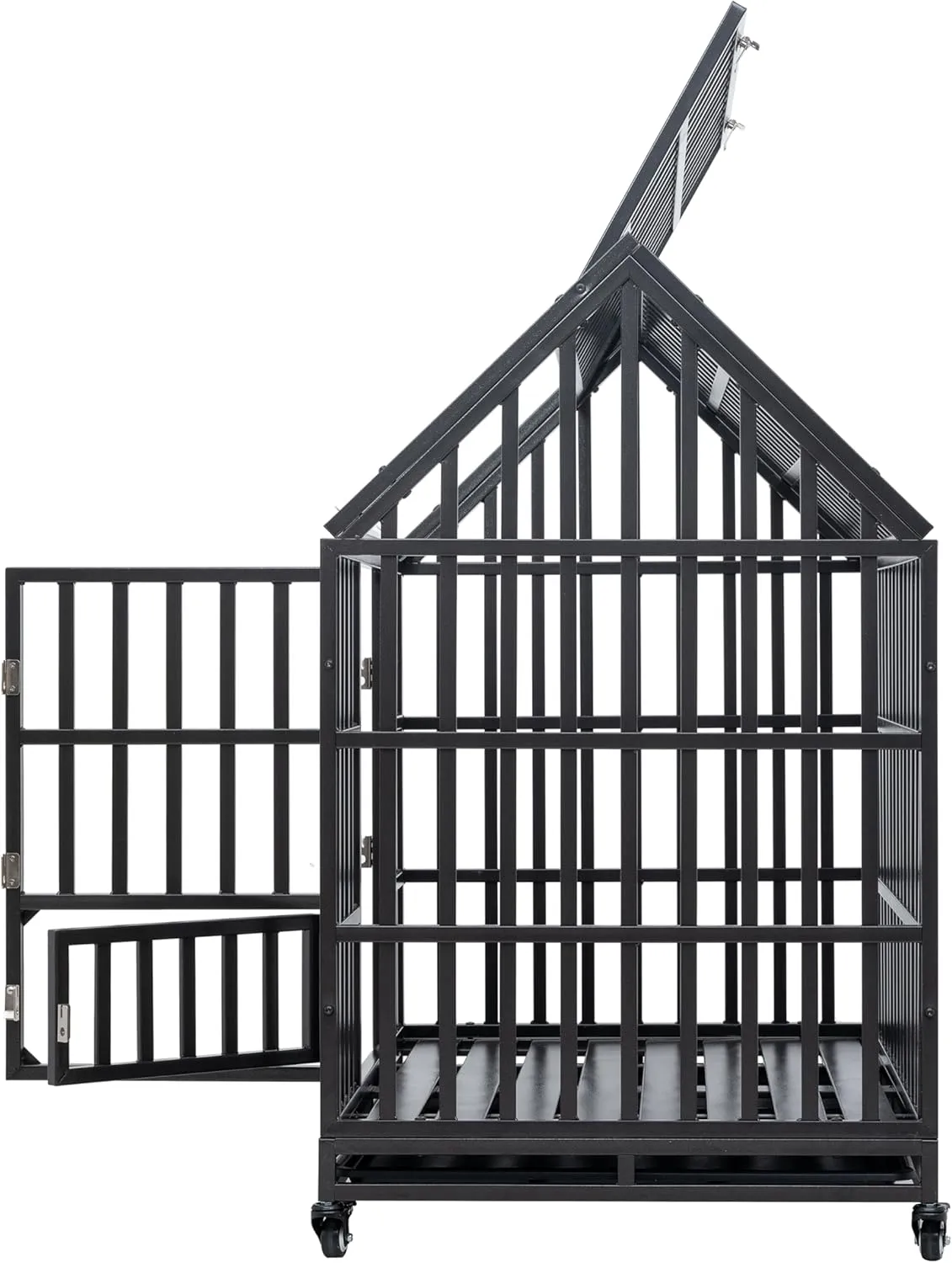 47" Heavy Duty Dog Crate Indestructible Pet Dog Cage Crate Kennel with Roof Top 2 Doors Removable Trays, Lockable Wheels, Escape-Proof for High Anxiety Large/Extra Dogs