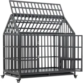 47" Heavy Duty Dog Crate Indestructible Pet Dog Cage Crate Kennel with Roof Top 2 Doors Removable Trays, Lockable Wheels, Escape-Proof for High Anxiety Large/Extra Dogs