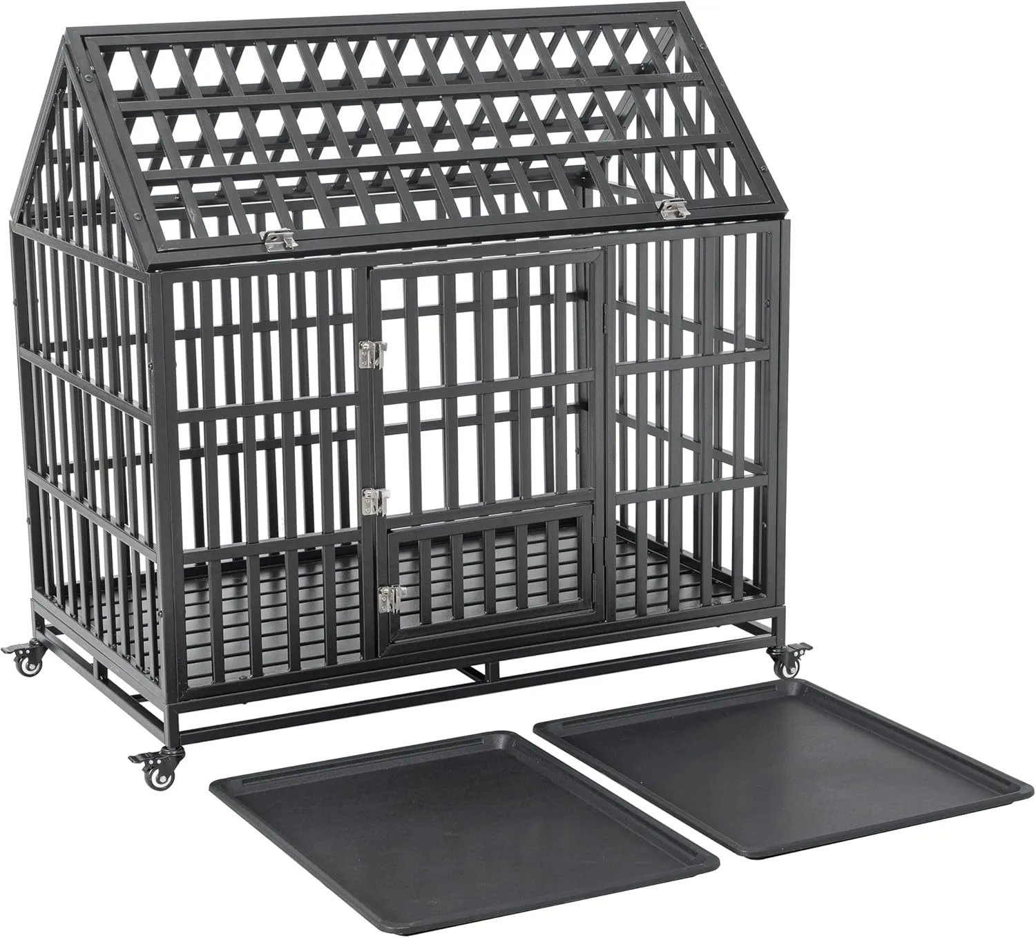 47" Heavy Duty Dog Crate Indestructible Pet Dog Cage Crate Kennel with Roof Top 2 Doors Removable Trays, Lockable Wheels, Escape-Proof for High Anxiety Large/Extra Dogs