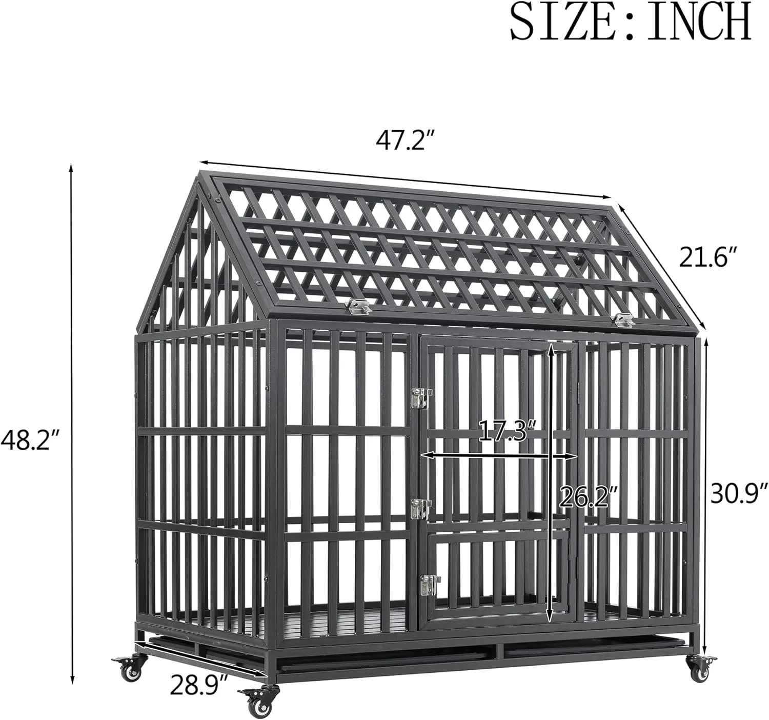 47" Heavy Duty Dog Crate Indestructible Pet Dog Cage Crate Kennel with Roof Top 2 Doors Removable Trays, Lockable Wheels, Escape-Proof for High Anxiety Large/Extra Dogs