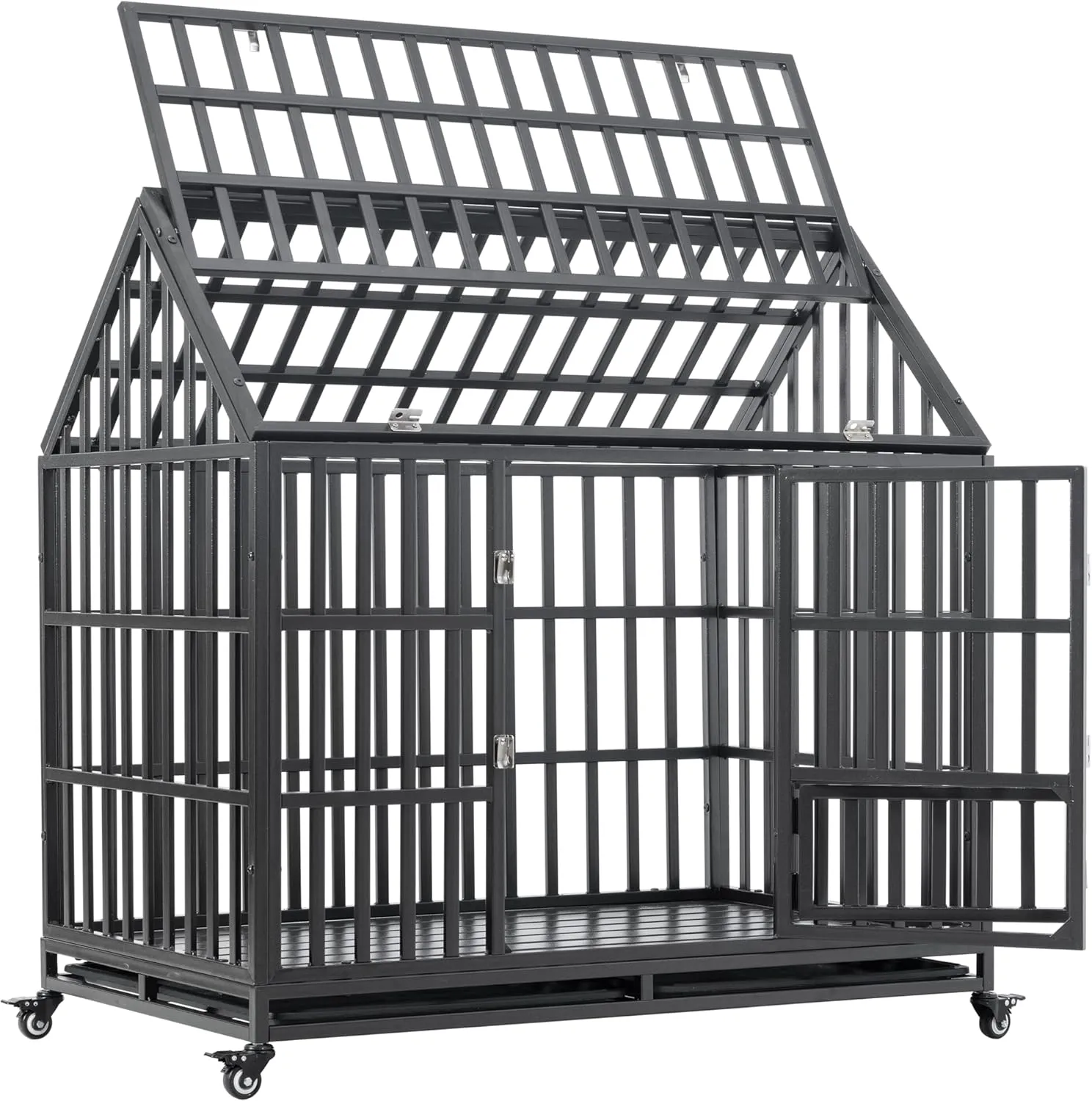 47" Heavy Duty Dog Crate Indestructible Pet Dog Cage Crate Kennel with Roof Top 2 Doors Removable Trays, Lockable Wheels, Escape-Proof for High Anxiety Large/Extra Dogs