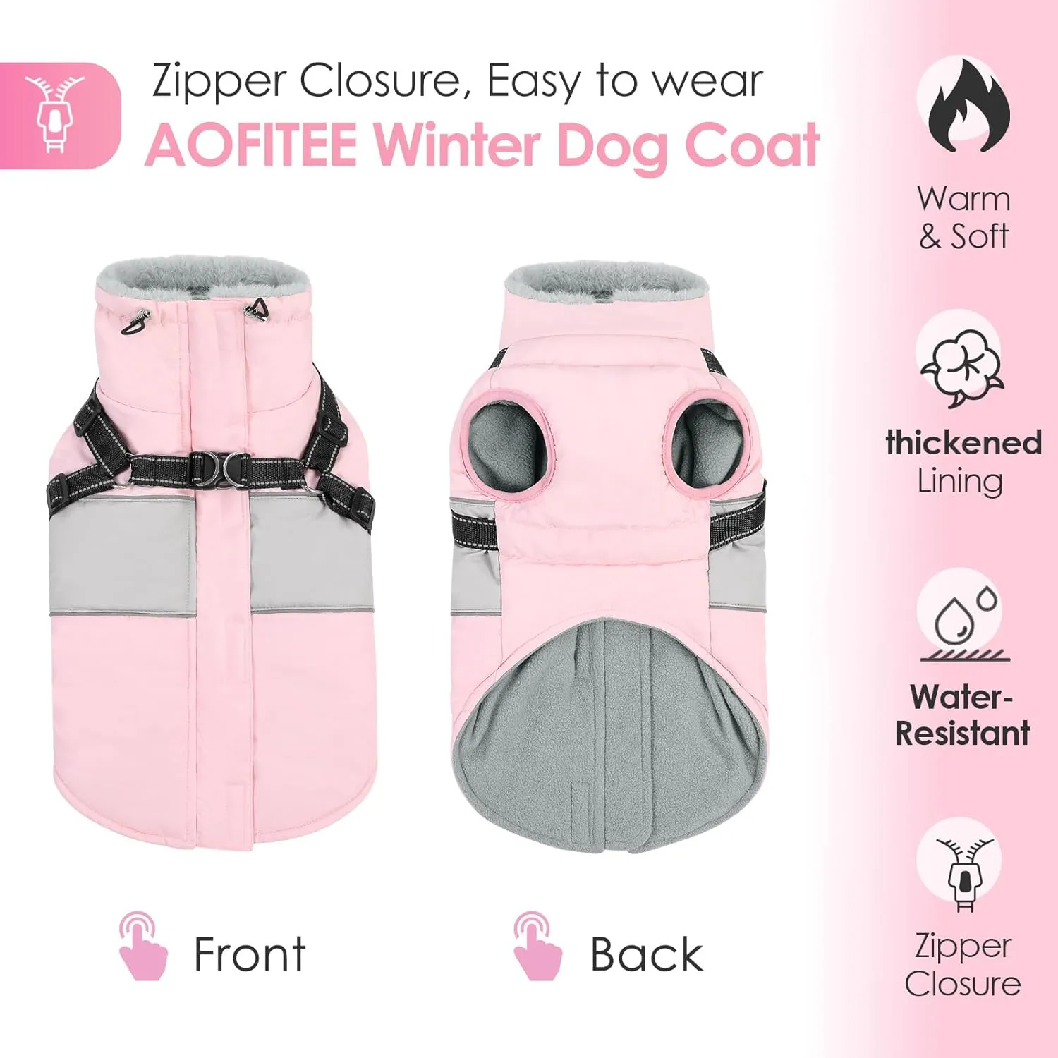 AOFITEE Small Dog Coat, Dog Winter Coat, Dog Coat with Harness Built in, Warm Dog Jacket with Zipper & Fleece Collar, Waterproof Dog Puffer Jacket Dog Sweater for Small Dogs, Chihuahua Yorkshire, Pink