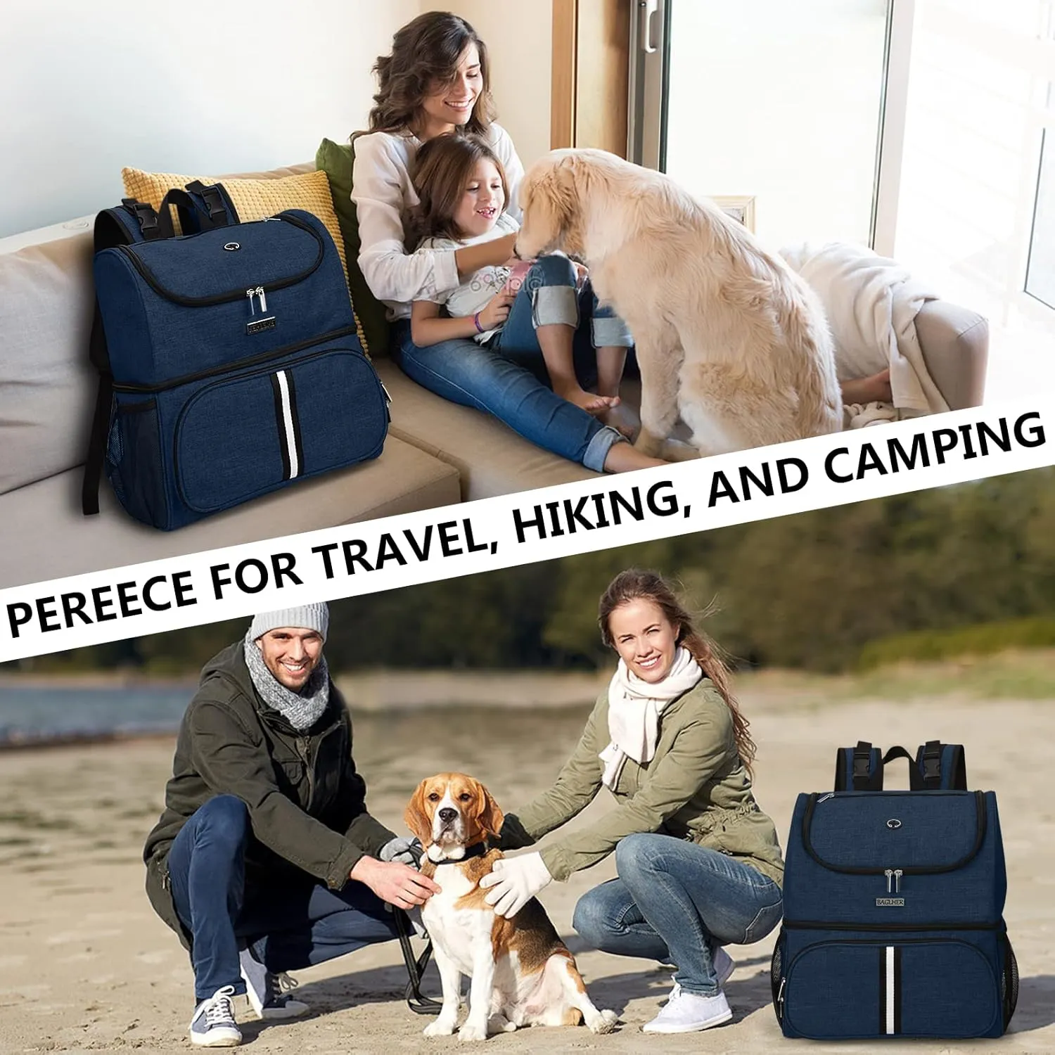BAGLHER Pet Travel Bag, Double-Layer Pet Supplies Backpack (for All Pet Travel Supplies), Pet Travel Backpack with 2 Silicone Collapsible Bowls and 2 Food Baskets Dark Blue