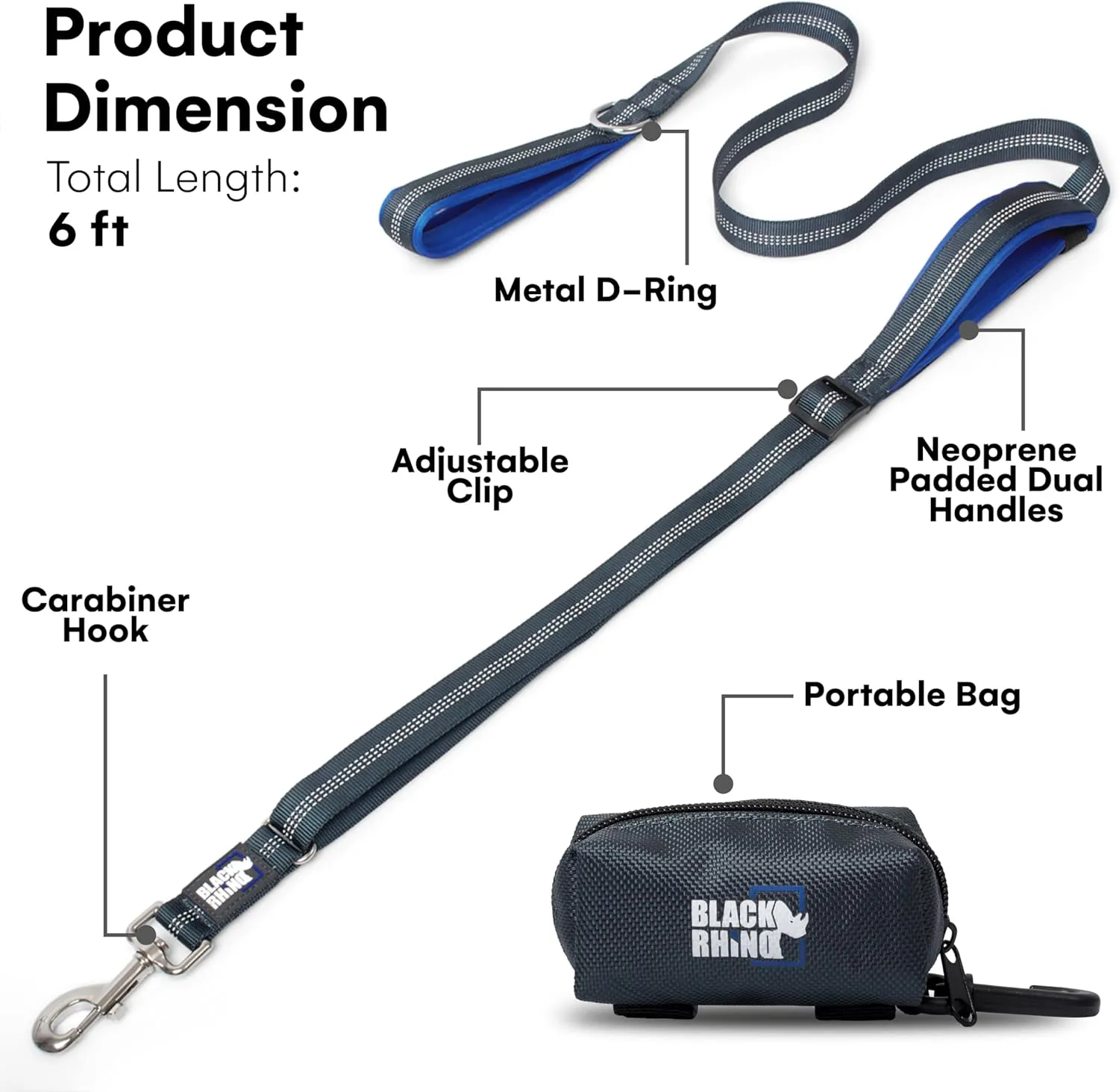 Black Rhino Heavy Duty Dog Leash for Medium and Large Dogs - 6 ft Long Double Handle Leash with Padded Traffic Control Handles and Bag for Comfort - Reflective, Durable, and Weather Resistant (Blue)
