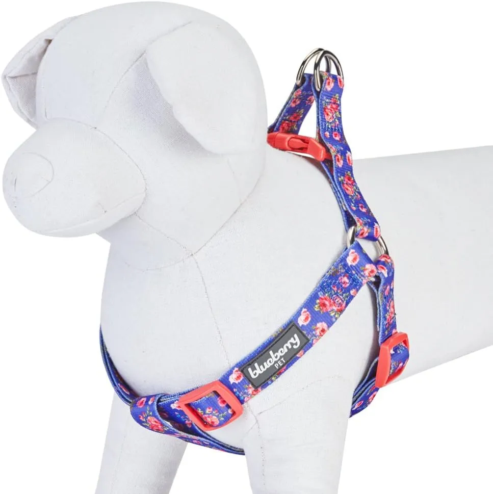 Blueberry Pet 9 Patterns Step-in Spring Scent Inspired Rose Print Irish Blue Dog Harness, Chest Girth 26" - 39", Large, Adjustable Harnesses for Dogs