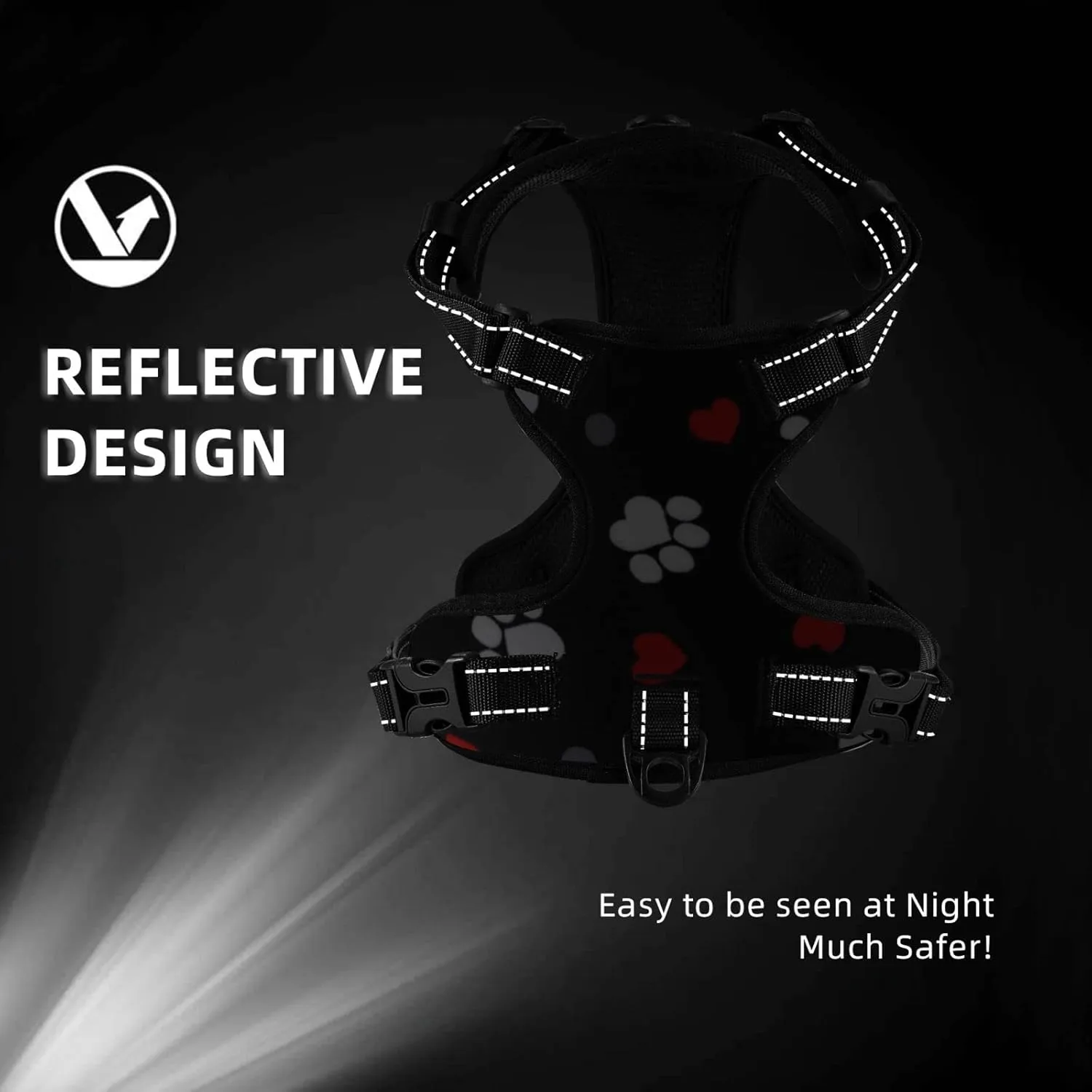 Breathable Dog Harness No Choke with Leash for Training, Escape Proof Outdoor Walking, Pull Soft Padded Vest Paw Prints & Hearts On Black, Medium