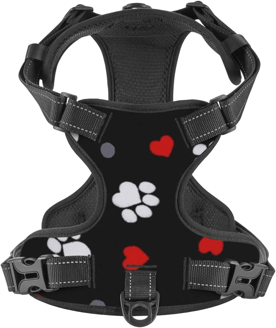 Breathable Dog Harness No Choke with Leash for Training, Escape Proof Outdoor Walking, Pull Soft Padded Vest Paw Prints & Hearts On Black, Medium