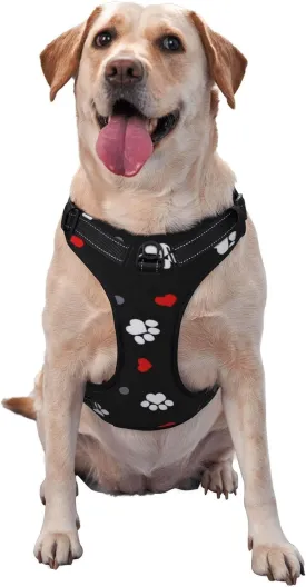 Breathable Dog Harness No Choke with Leash for Training, Escape Proof Outdoor Walking, Pull Soft Padded Vest Paw Prints & Hearts On Black, Medium