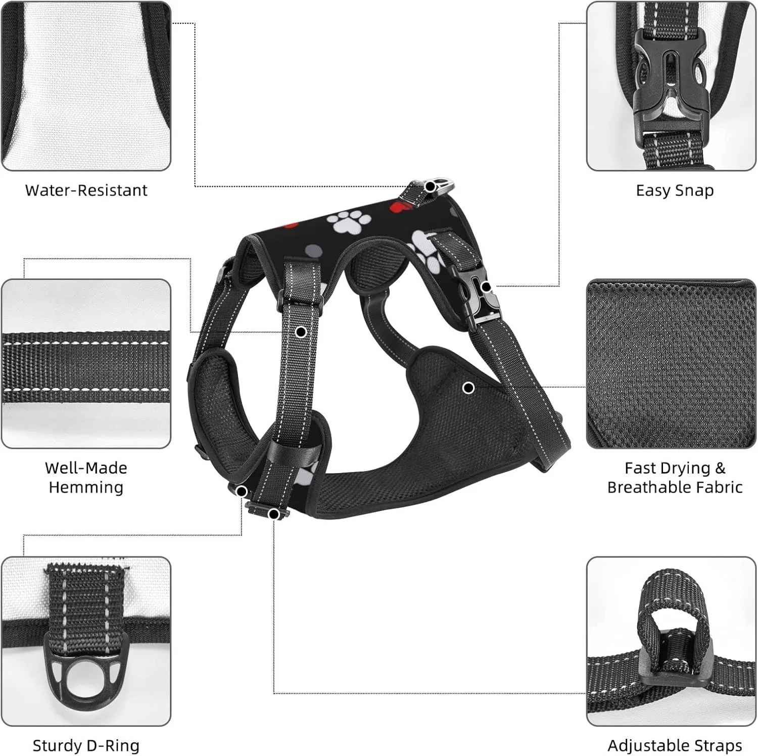 Breathable Dog Harness No Choke with Leash for Training, Escape Proof Outdoor Walking, Pull Soft Padded Vest Paw Prints & Hearts On Black, Medium