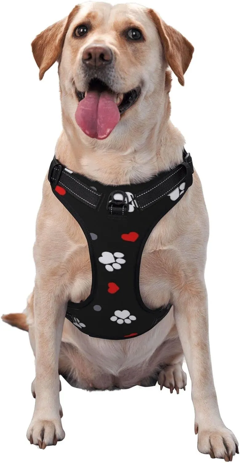 Breathable Dog Harness No Choke with Leash for Training, Escape Proof Outdoor Walking, Pull Soft Padded Vest Paw Prints & Hearts On Black, Medium
