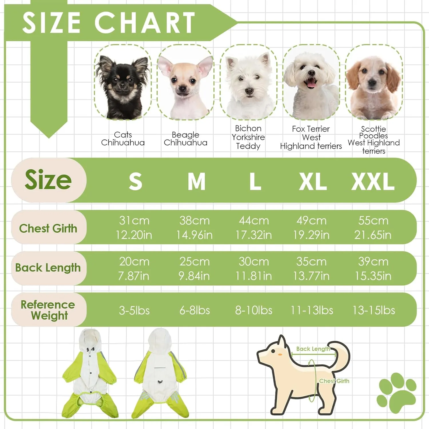 BRKURLEG Dog Raincoat with Legs, Small Dog Raincoat, Waterproof Dog Clothes, Pet Rainproof Jacket with Leash Hole Reflective Pet Poncho for Small Dogs Boy Girl, Green XL