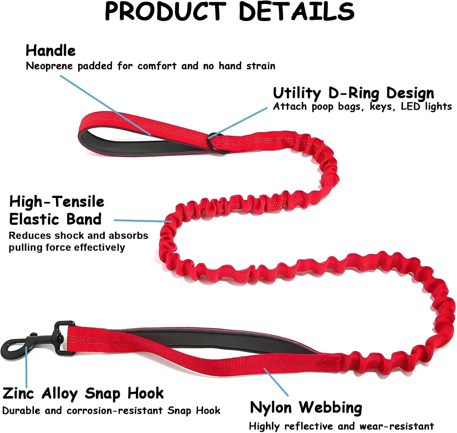 Bungee Dog Leash with Shock Absorption, Dual Handles for Pull Control, Reflective Nylon, Zinc Alloy Hook, D-Ring for Poop Bags, Red, L