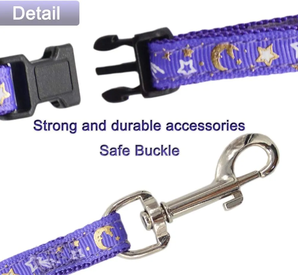 Cat Harness and Leash Set for Outdoor Walking Escape Proof Adjustable Soft Safety Strap with Golden Star and Moon Design Glow in The Dark Purple XL