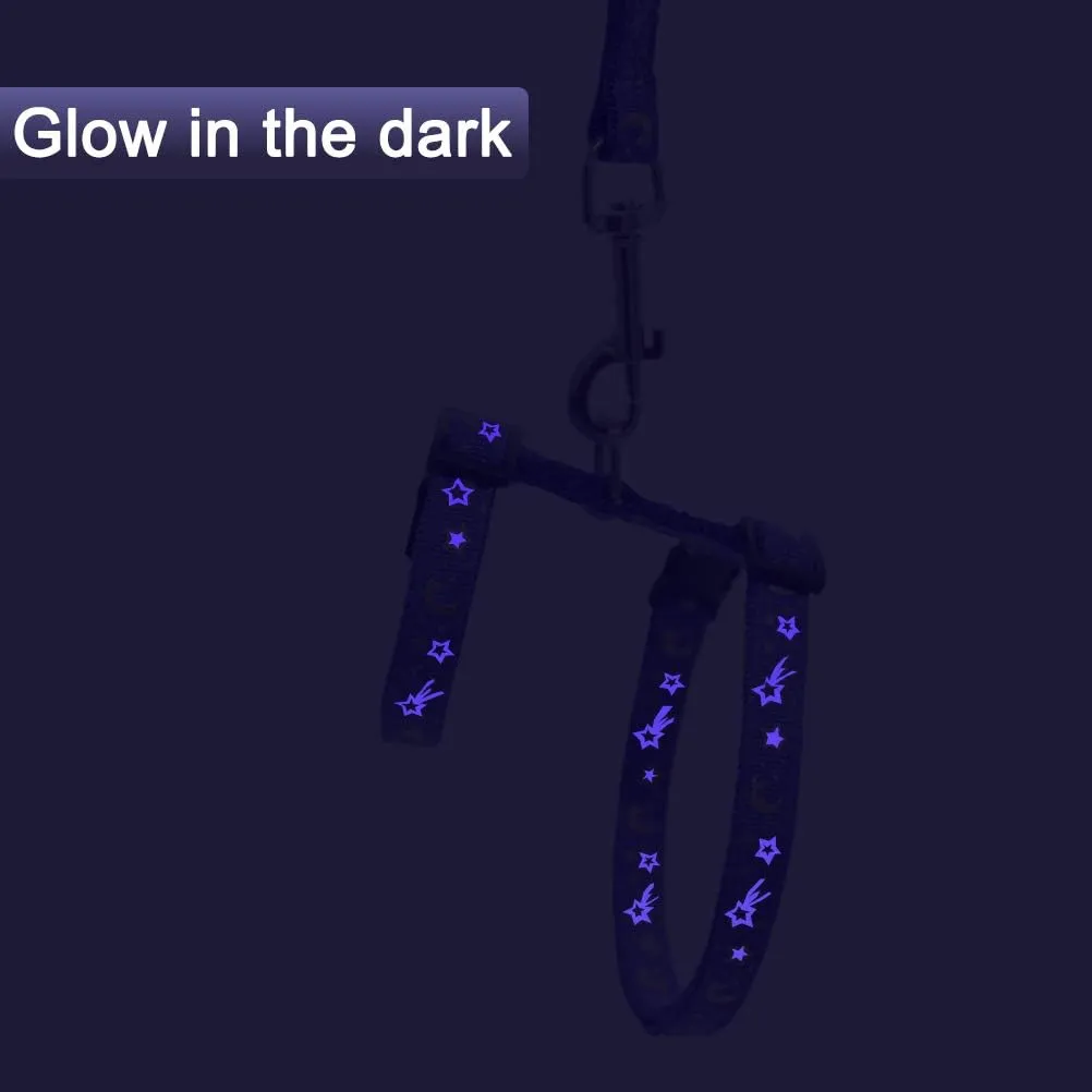 Cat Harness and Leash Set for Outdoor Walking Escape Proof Adjustable Soft Safety Strap with Golden Star and Moon Design Glow in The Dark Purple XL