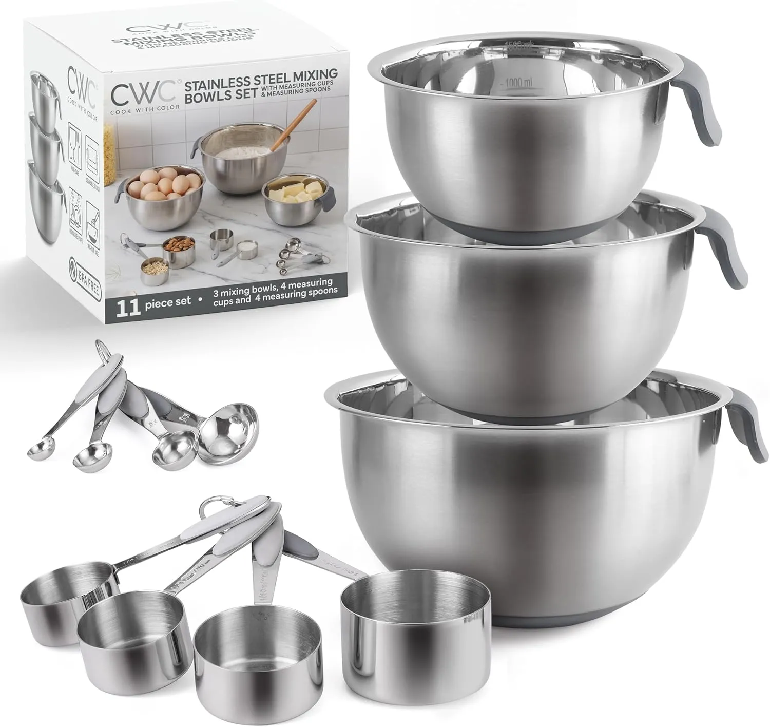 COOK WITH COLOR Stainless Steel Mixing Bowls Set and Measuring Cups - Nesting Bowls with Non-Slip Bottom and Easy-Grip Handles, Grey, 11 Pieces