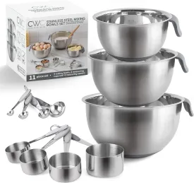 COOK WITH COLOR Stainless Steel Mixing Bowls Set and Measuring Cups - Nesting Bowls with Non-Slip Bottom and Easy-Grip Handles, Grey, 11 Pieces