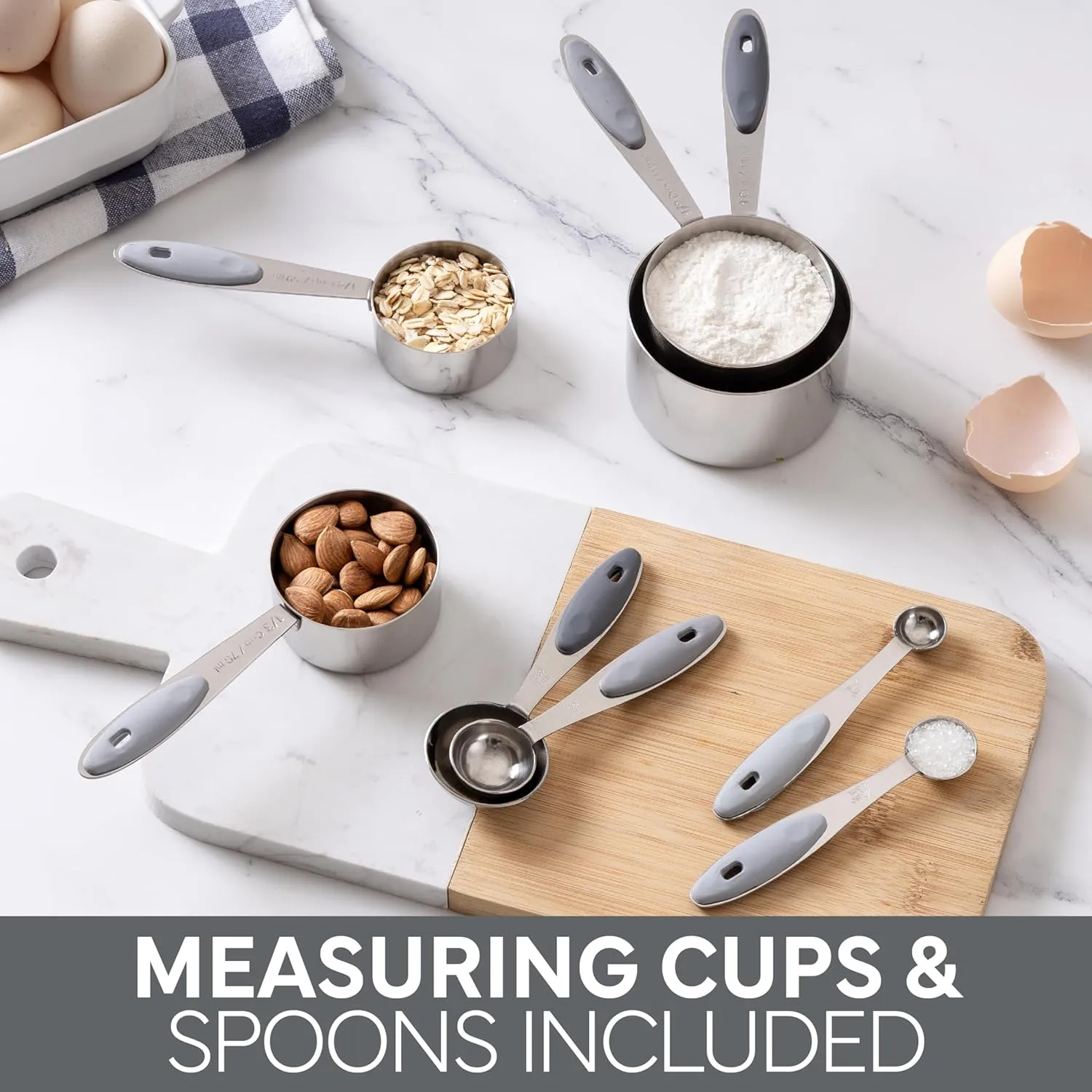 COOK WITH COLOR Stainless Steel Mixing Bowls Set and Measuring Cups - Nesting Bowls with Non-Slip Bottom and Easy-Grip Handles, Grey, 11 Pieces