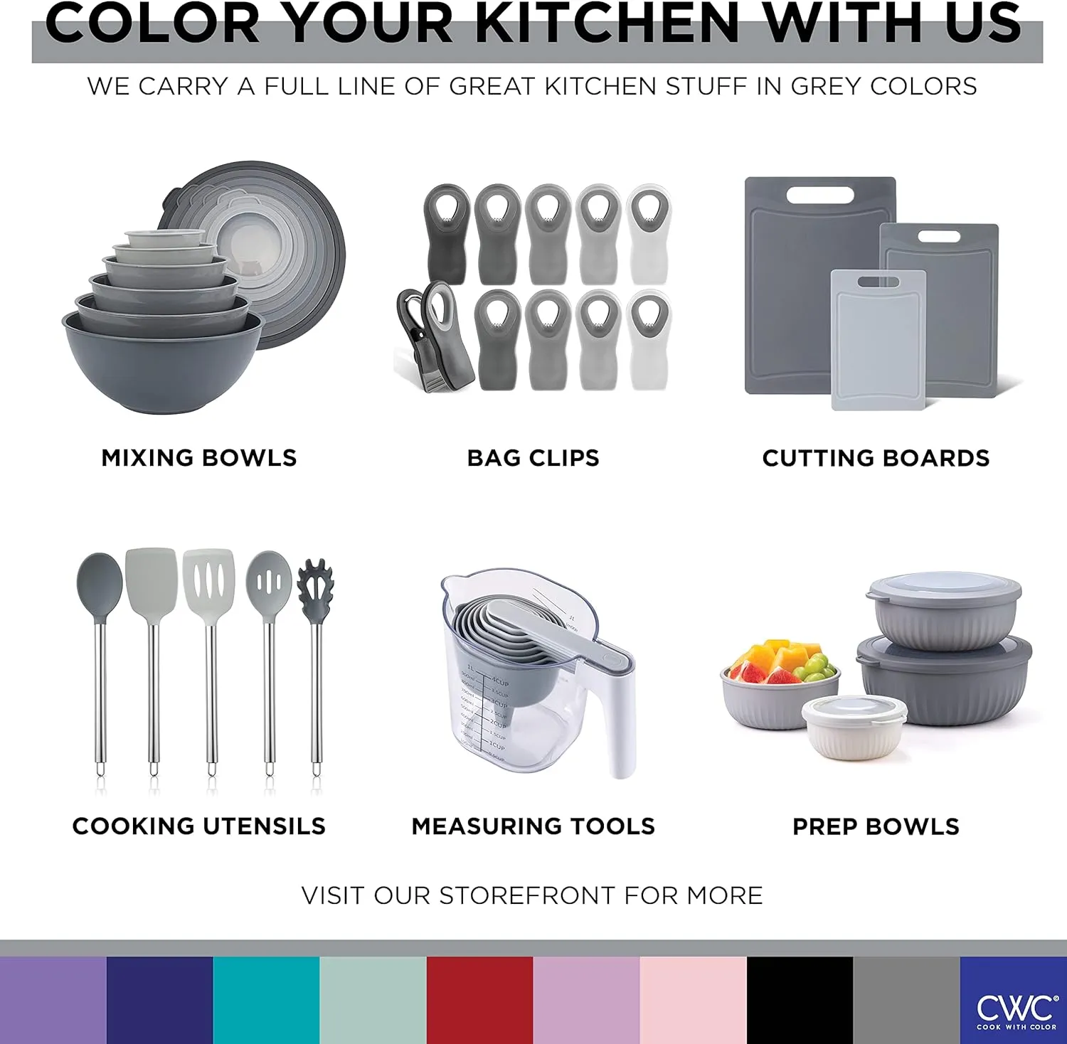 COOK WITH COLOR Stainless Steel Mixing Bowls Set and Measuring Cups - Nesting Bowls with Non-Slip Bottom and Easy-Grip Handles, Grey, 11 Pieces
