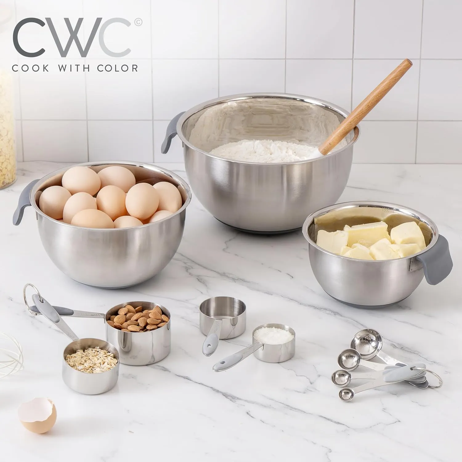 COOK WITH COLOR Stainless Steel Mixing Bowls Set and Measuring Cups - Nesting Bowls with Non-Slip Bottom and Easy-Grip Handles, Grey, 11 Pieces