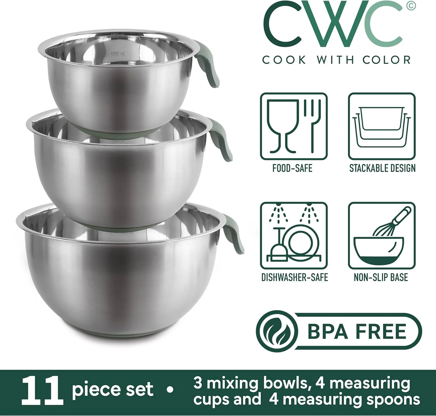 COOK WITH COLOR Stainless Steel Mixing Bowls Set and Measuring Cups- Nesting Bowls with Non-Slip Bottom and Easy-Grip Handles, Sage, 11 Pieces