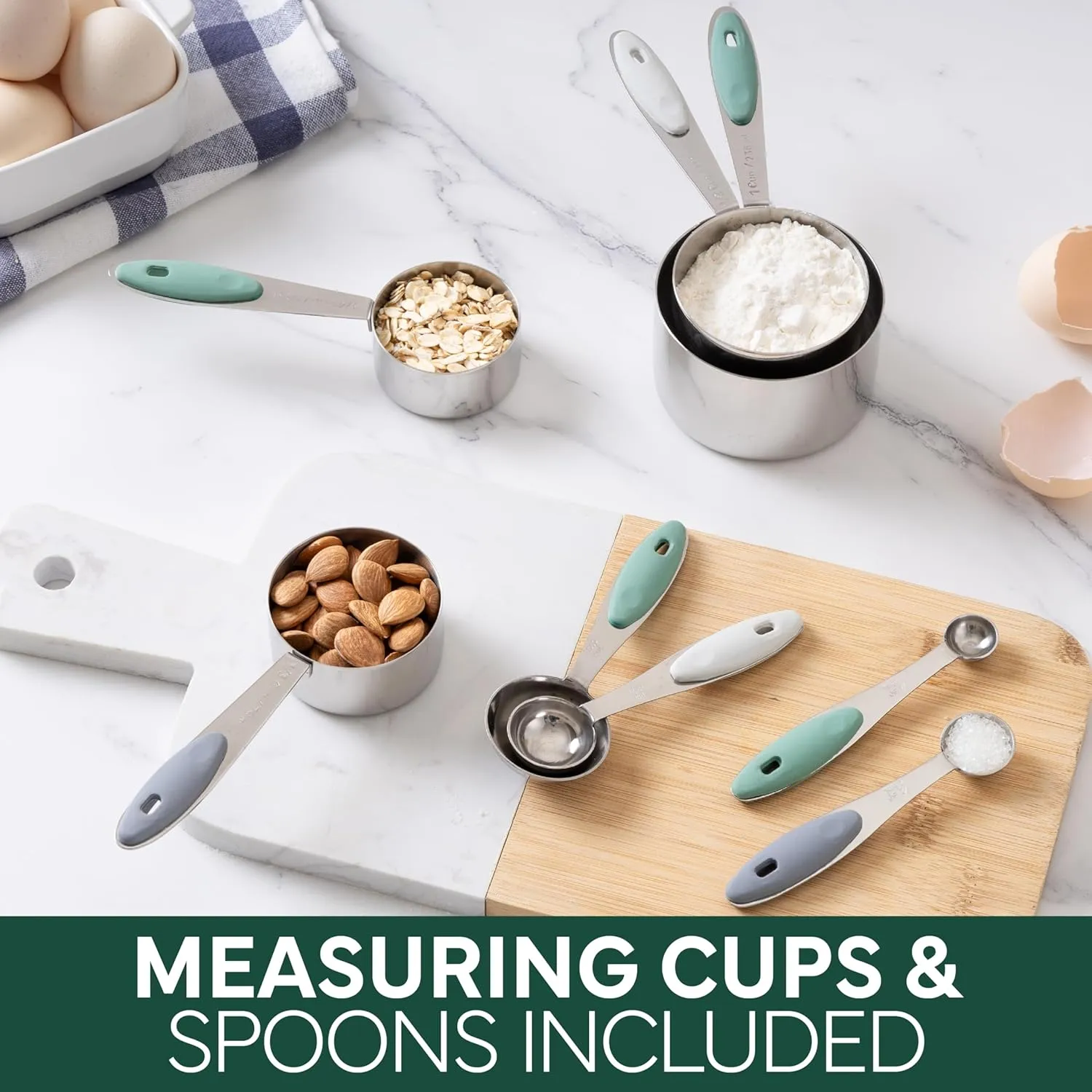 COOK WITH COLOR Stainless Steel Mixing Bowls Set and Measuring Cups- Nesting Bowls with Non-Slip Bottom and Easy-Grip Handles, Sage, 11 Pieces