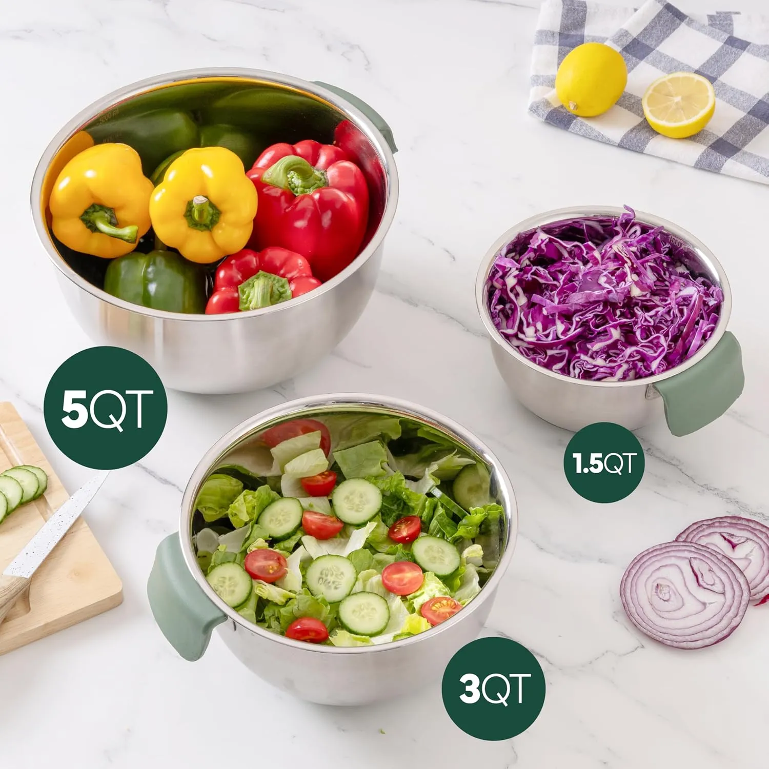 COOK WITH COLOR Stainless Steel Mixing Bowls Set and Measuring Cups- Nesting Bowls with Non-Slip Bottom and Easy-Grip Handles, Sage, 11 Pieces