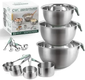 COOK WITH COLOR Stainless Steel Mixing Bowls Set and Measuring Cups- Nesting Bowls with Non-Slip Bottom and Easy-Grip Handles, Sage, 11 Pieces