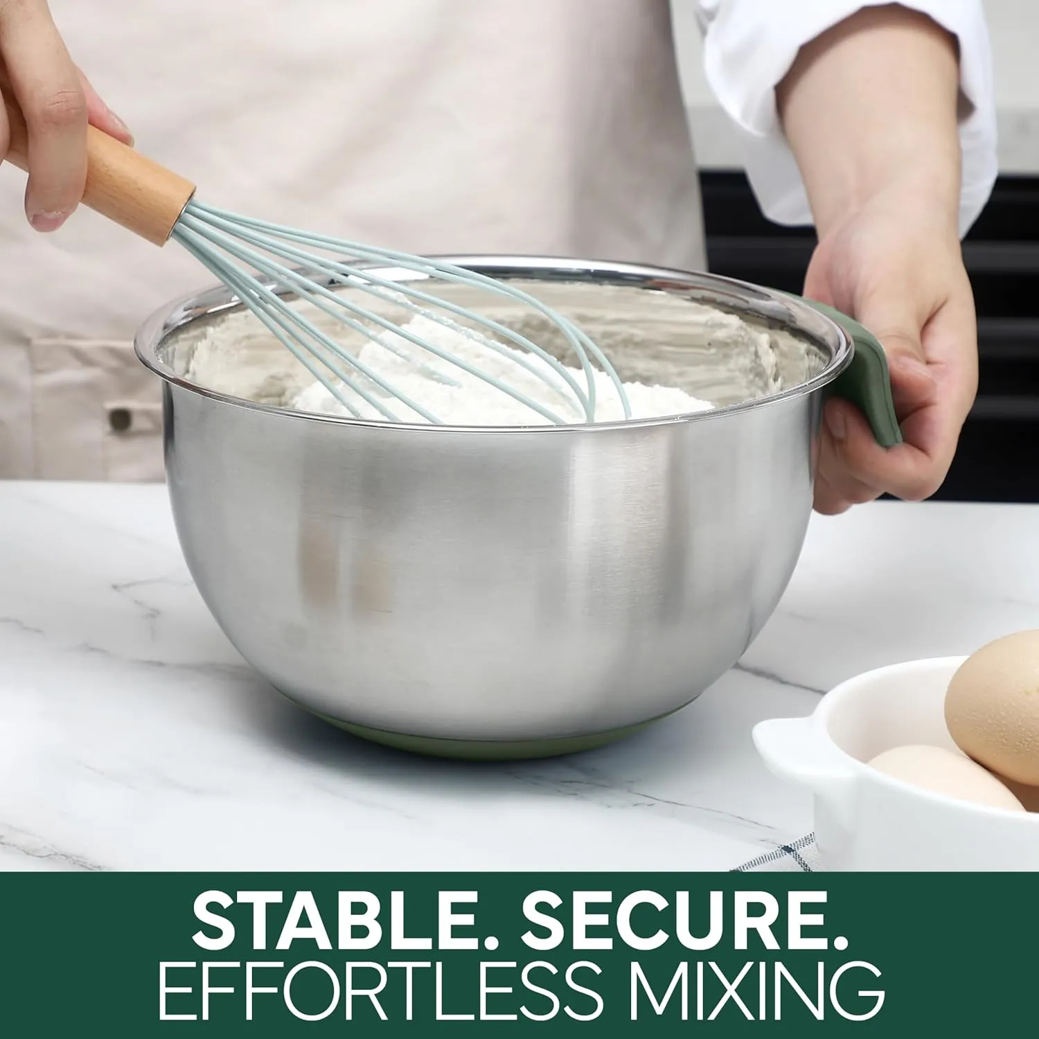 COOK WITH COLOR Stainless Steel Mixing Bowls Set and Measuring Cups- Nesting Bowls with Non-Slip Bottom and Easy-Grip Handles, Sage, 11 Pieces