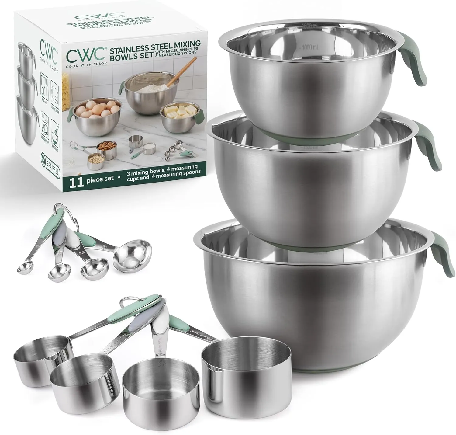 COOK WITH COLOR Stainless Steel Mixing Bowls Set and Measuring Cups- Nesting Bowls with Non-Slip Bottom and Easy-Grip Handles, Sage, 11 Pieces