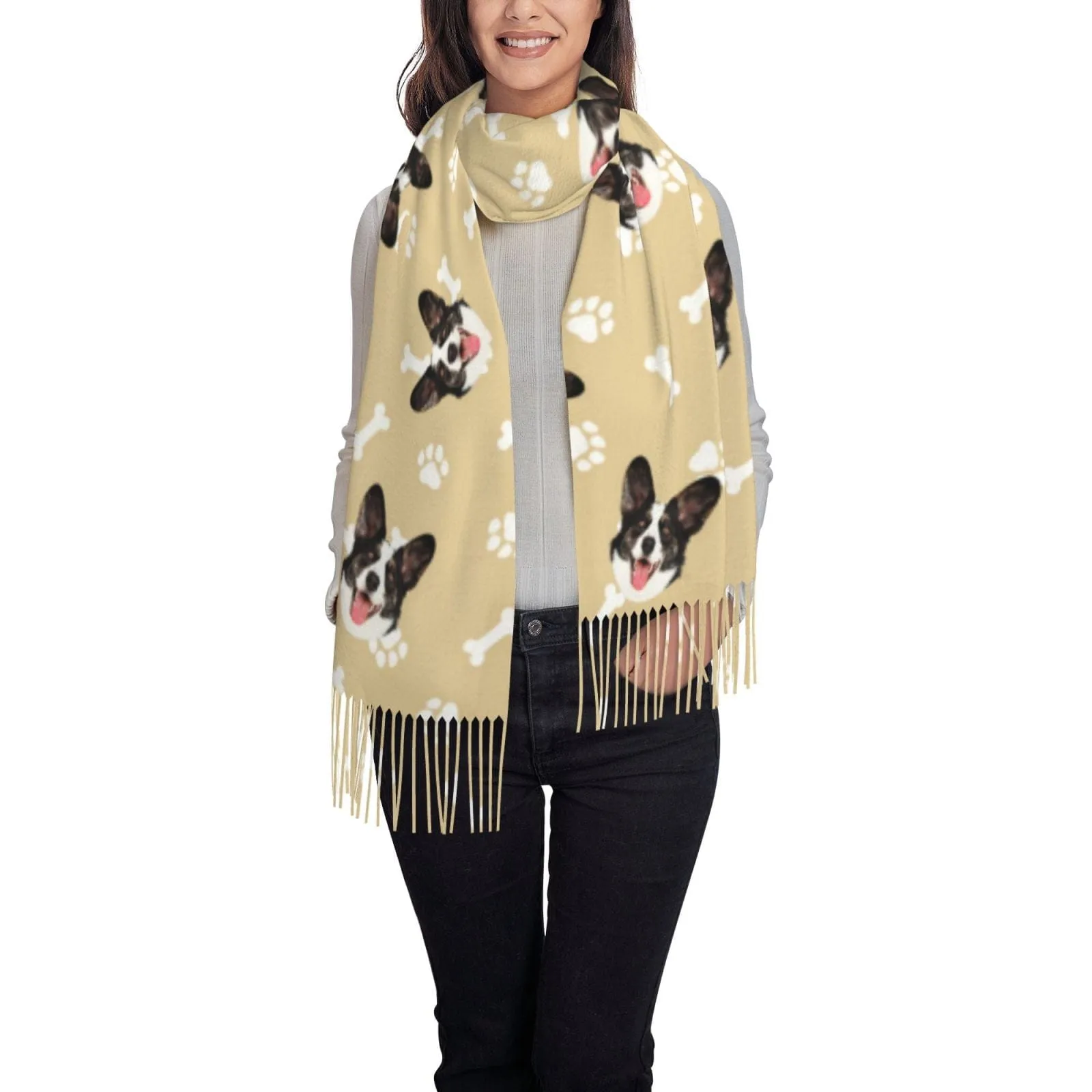 Custom Pet Face Dog Bone Paw Print Multicolor Women's Tassel Scarf