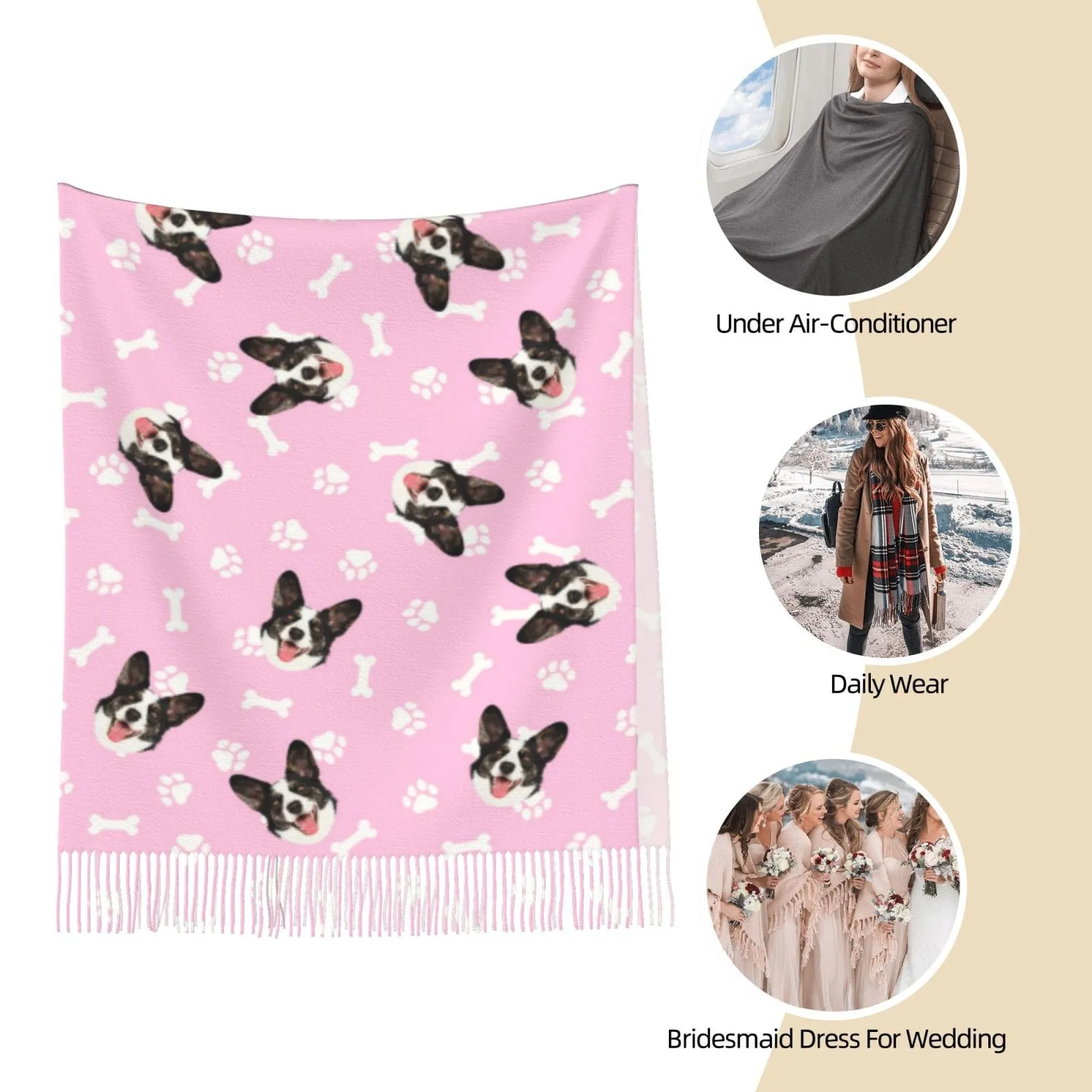 Custom Pet Face Dog Bone Paw Print Multicolor Women's Tassel Scarf