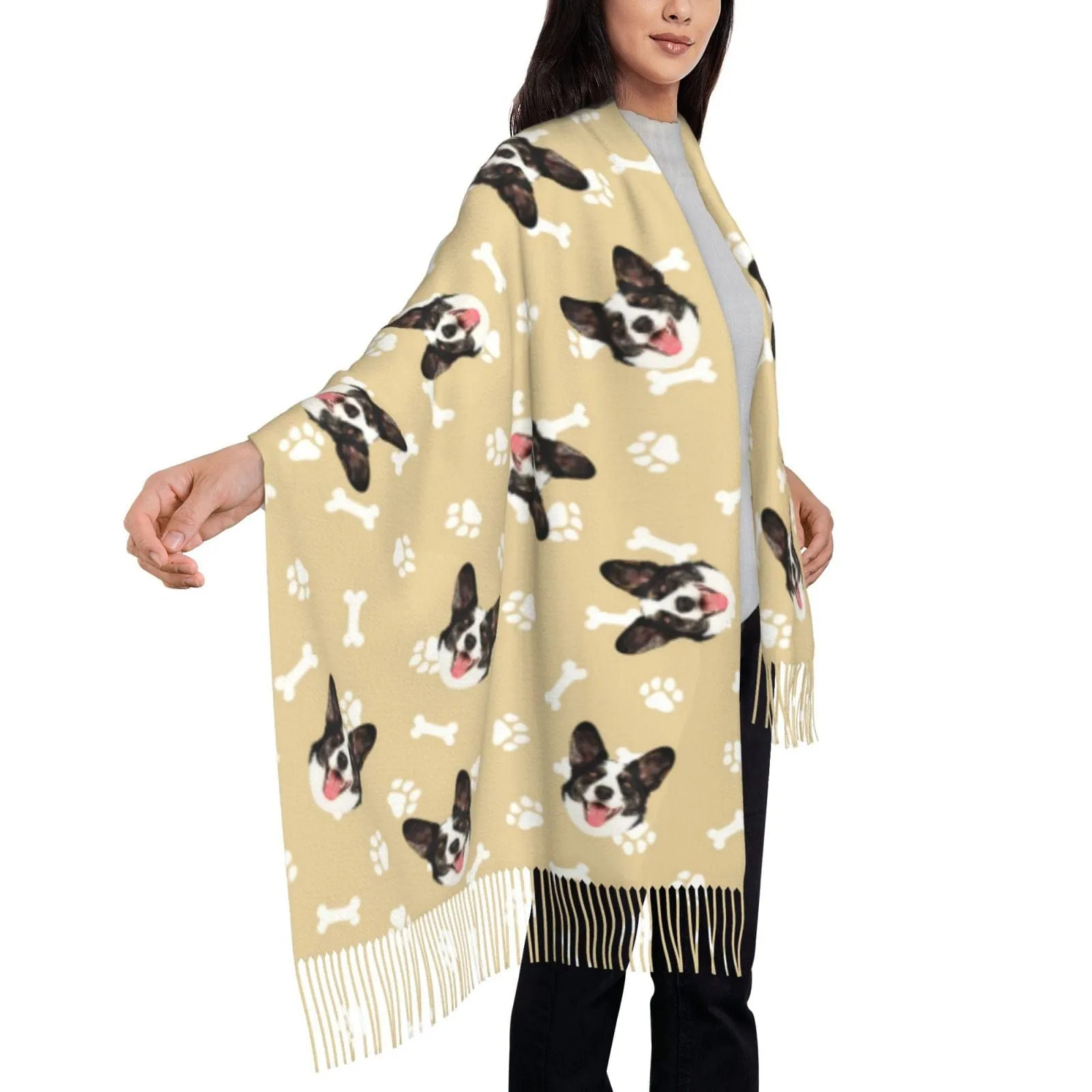 Custom Pet Face Dog Bone Paw Print Multicolor Women's Tassel Scarf