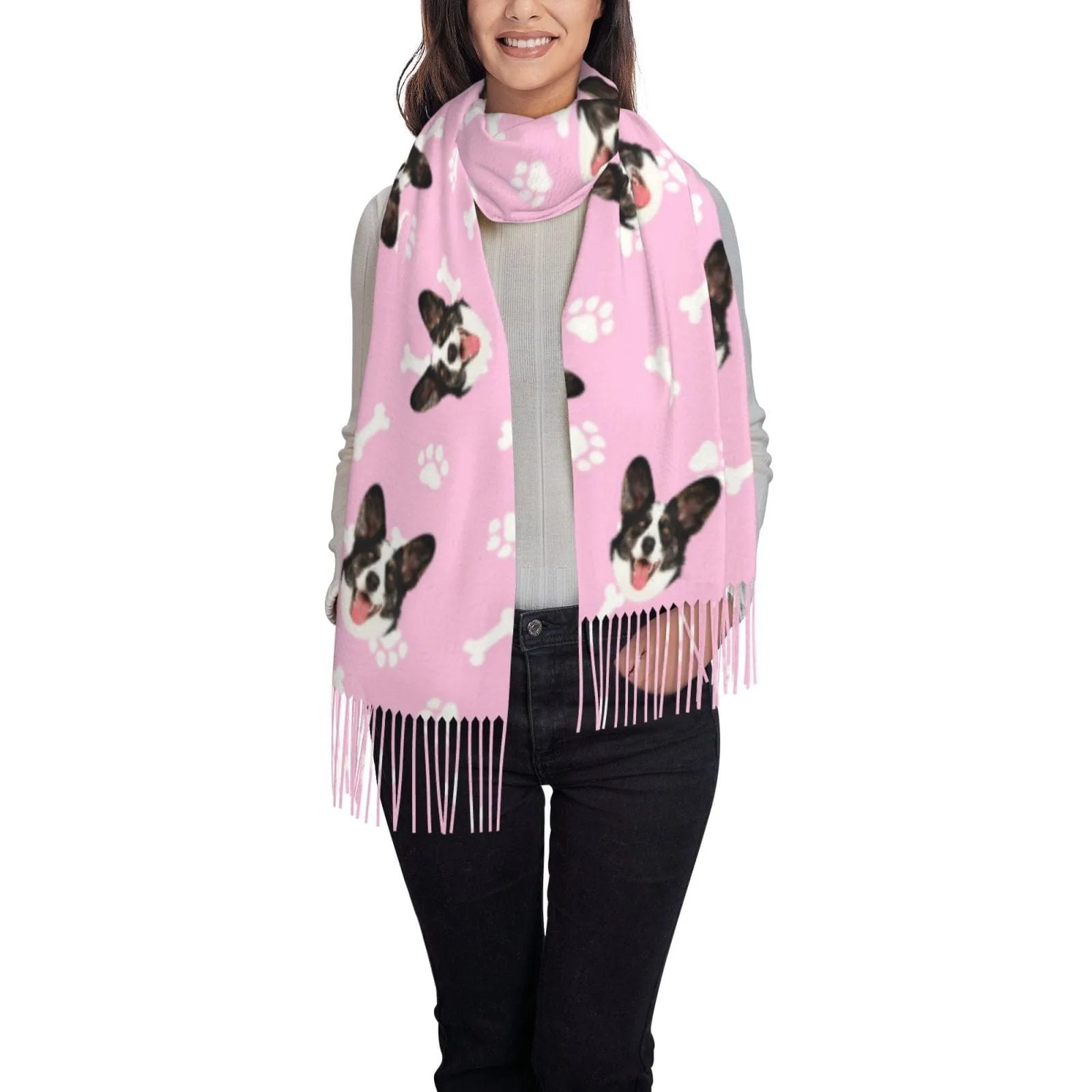 Custom Pet Face Dog Bone Paw Print Multicolor Women's Tassel Scarf