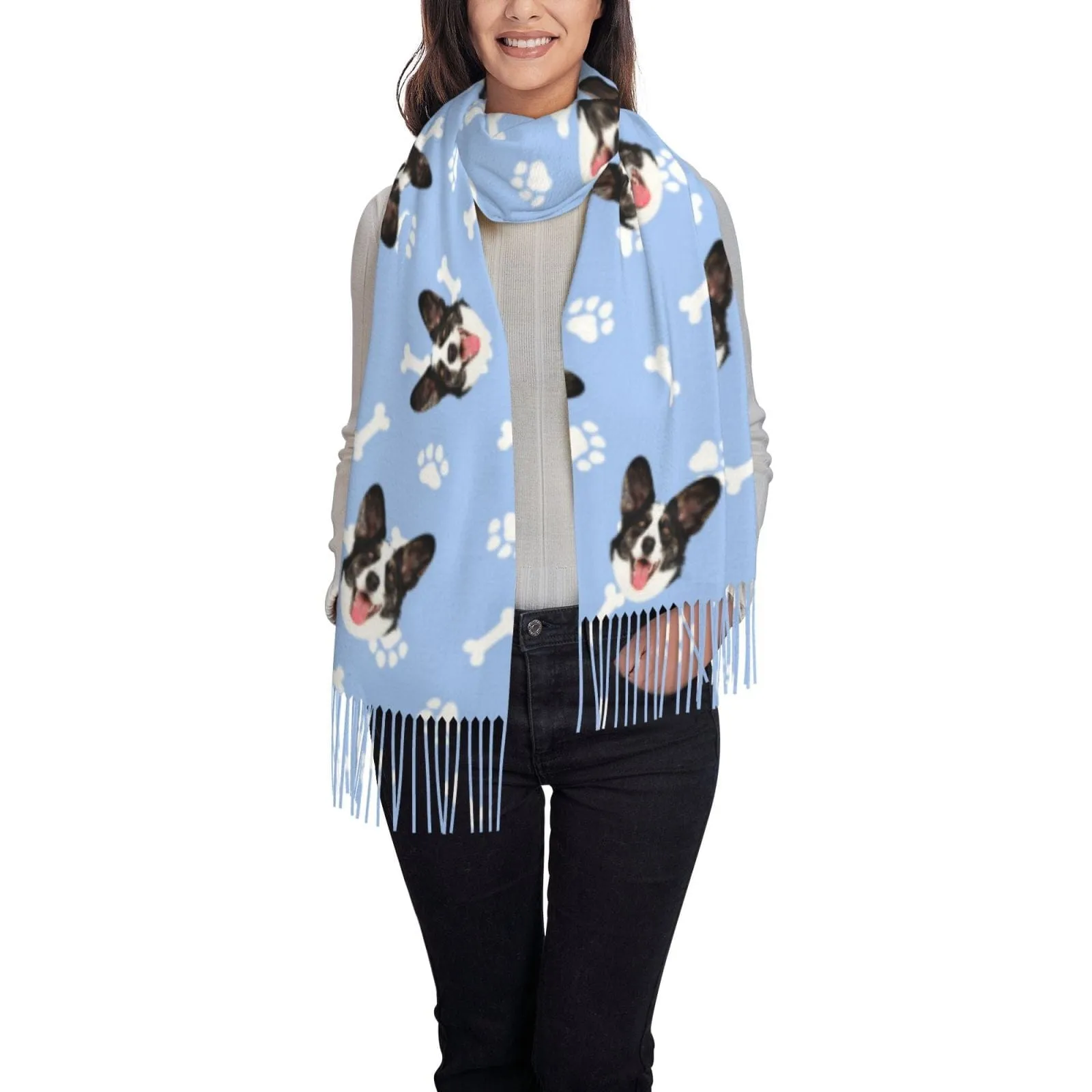 Custom Pet Face Dog Bone Paw Print Multicolor Women's Tassel Scarf