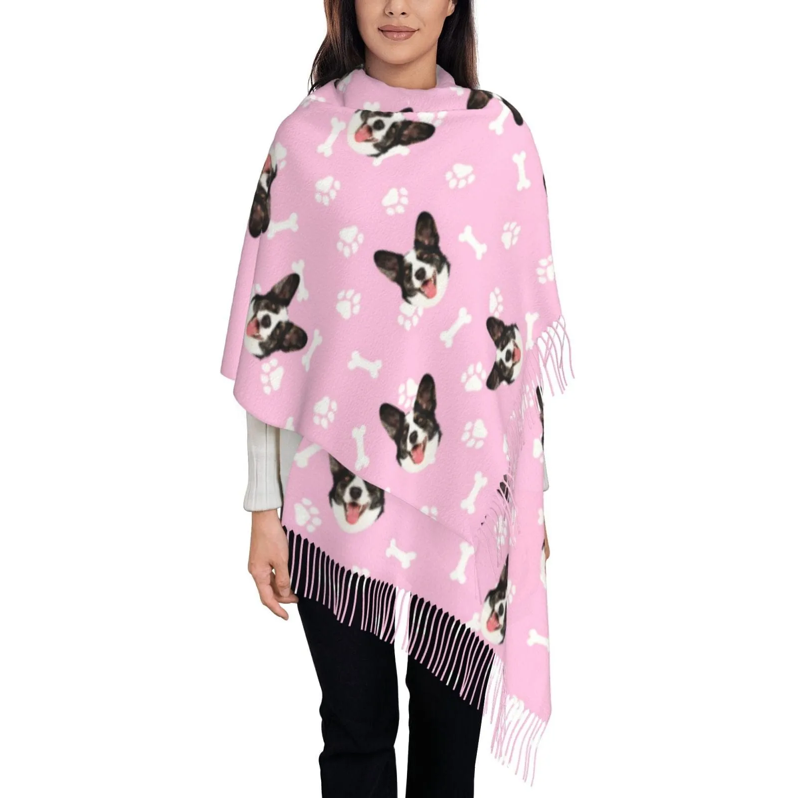 Custom Pet Face Dog Bone Paw Print Multicolor Women's Tassel Scarf