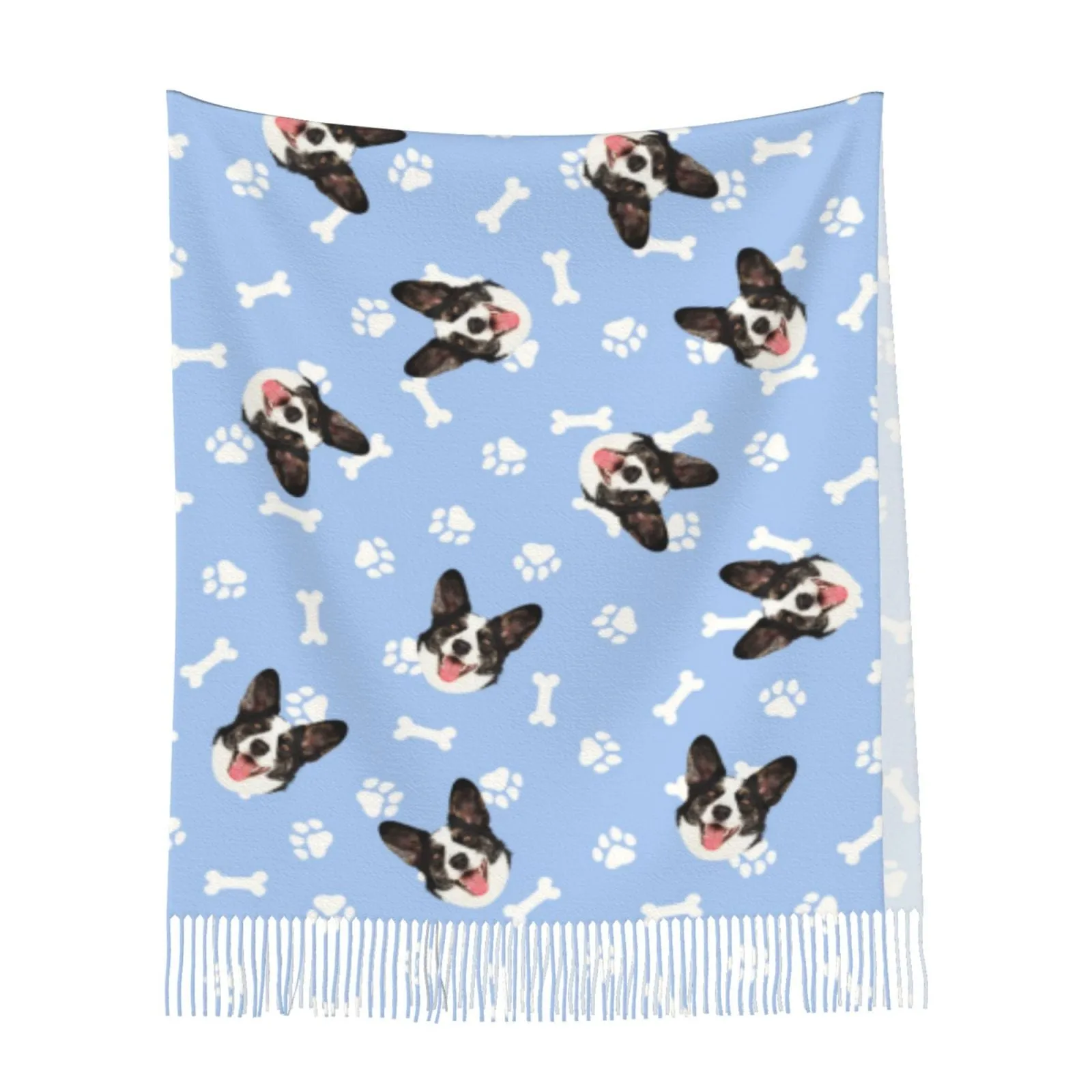 Custom Pet Face Dog Bone Paw Print Multicolor Women's Tassel Scarf
