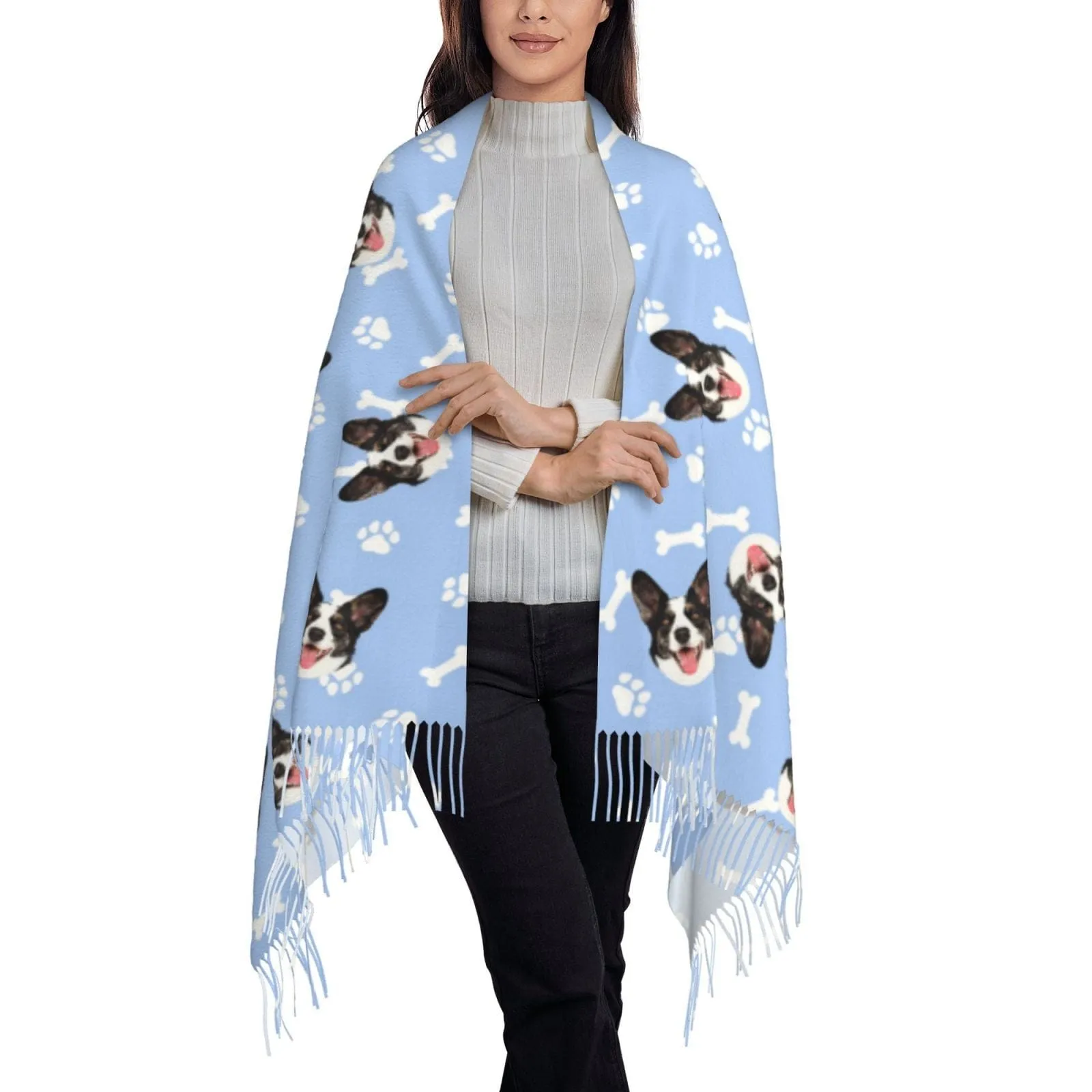 Custom Pet Face Dog Bone Paw Print Multicolor Women's Tassel Scarf