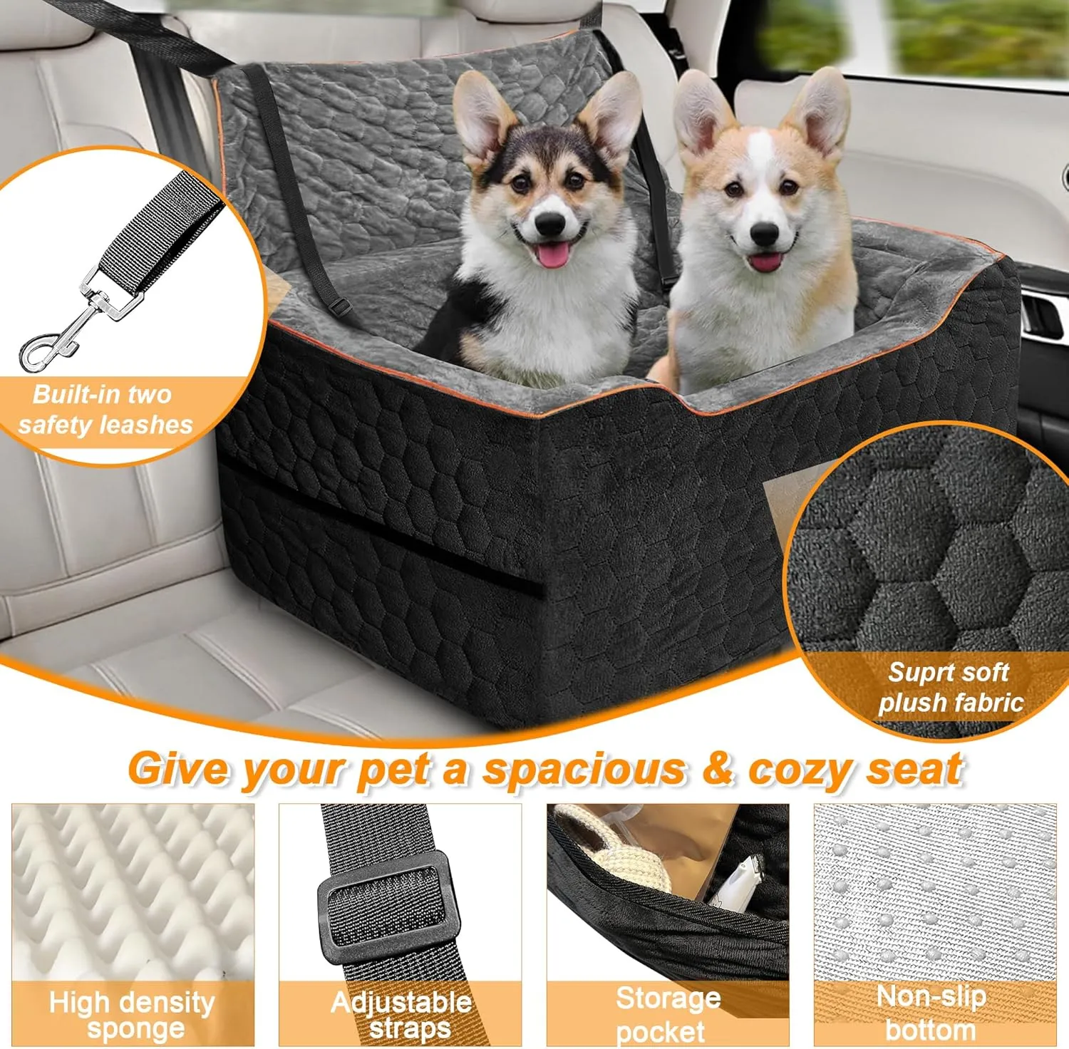 Dog Car Seat for Medium/Large Dog Booster Seat for Dogs Under 60 lbs or 2 Small Dogs, Multi-Functional Pet Car Seat with Thick Cushion, 2 Safety Leashes (BlackGray)