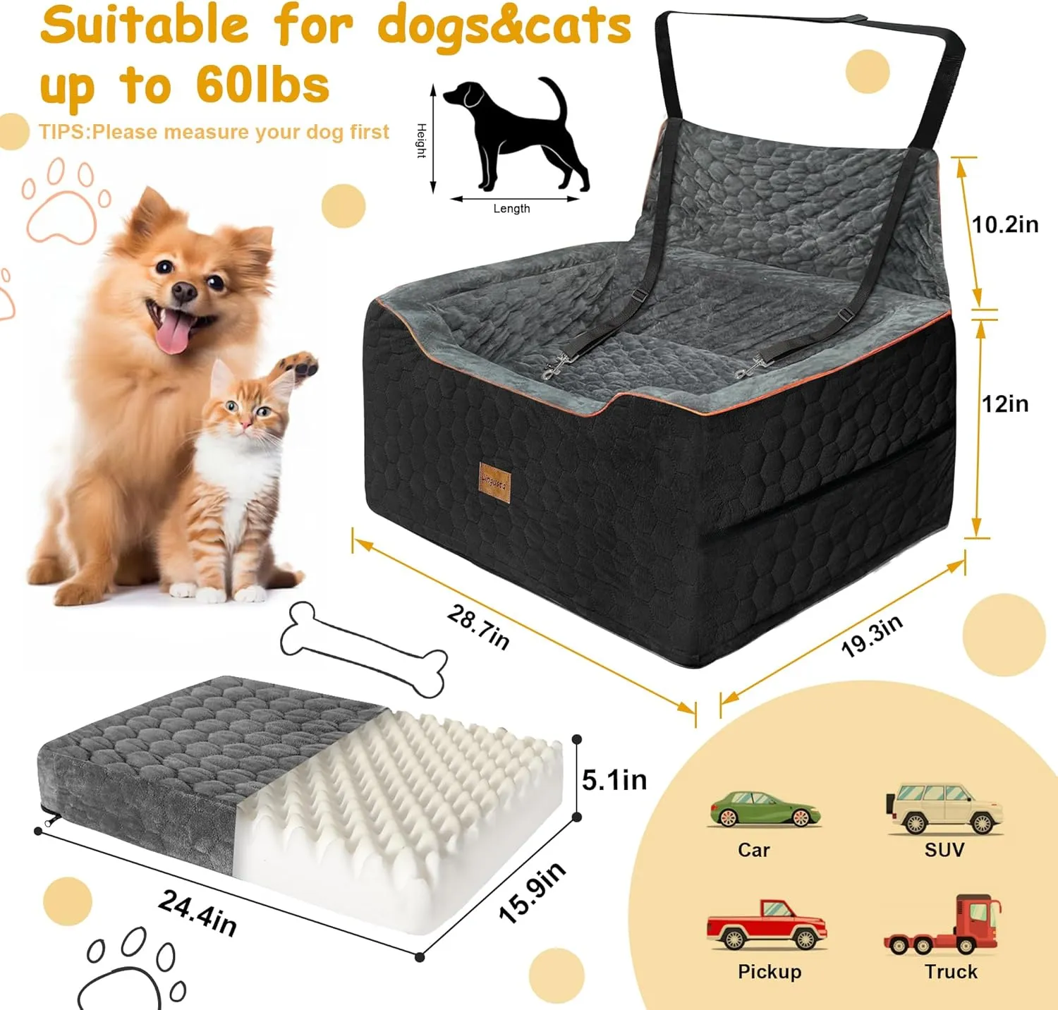 Dog Car Seat for Medium/Large Dog Booster Seat for Dogs Under 60 lbs or 2 Small Dogs, Multi-Functional Pet Car Seat with Thick Cushion, 2 Safety Leashes (BlackGray)